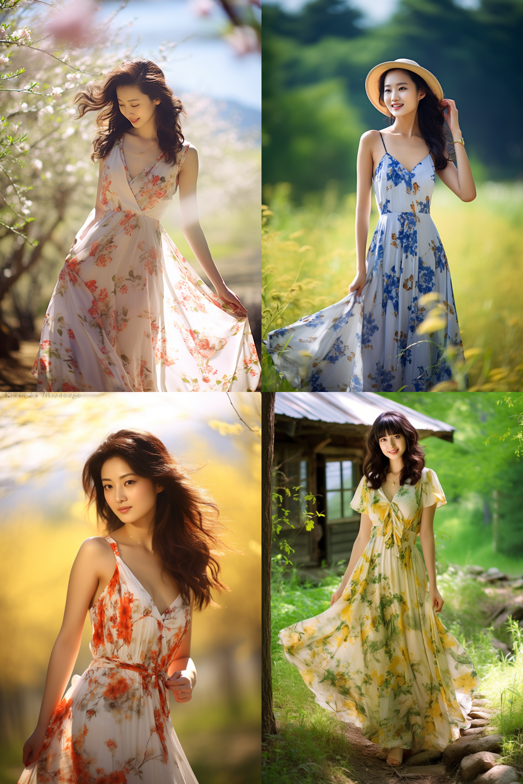 中国女孩，套裙服饰，春日摄影，明亮光线， 清新自然，户外风景，肖像模式，中焦镜头，自然姿态，