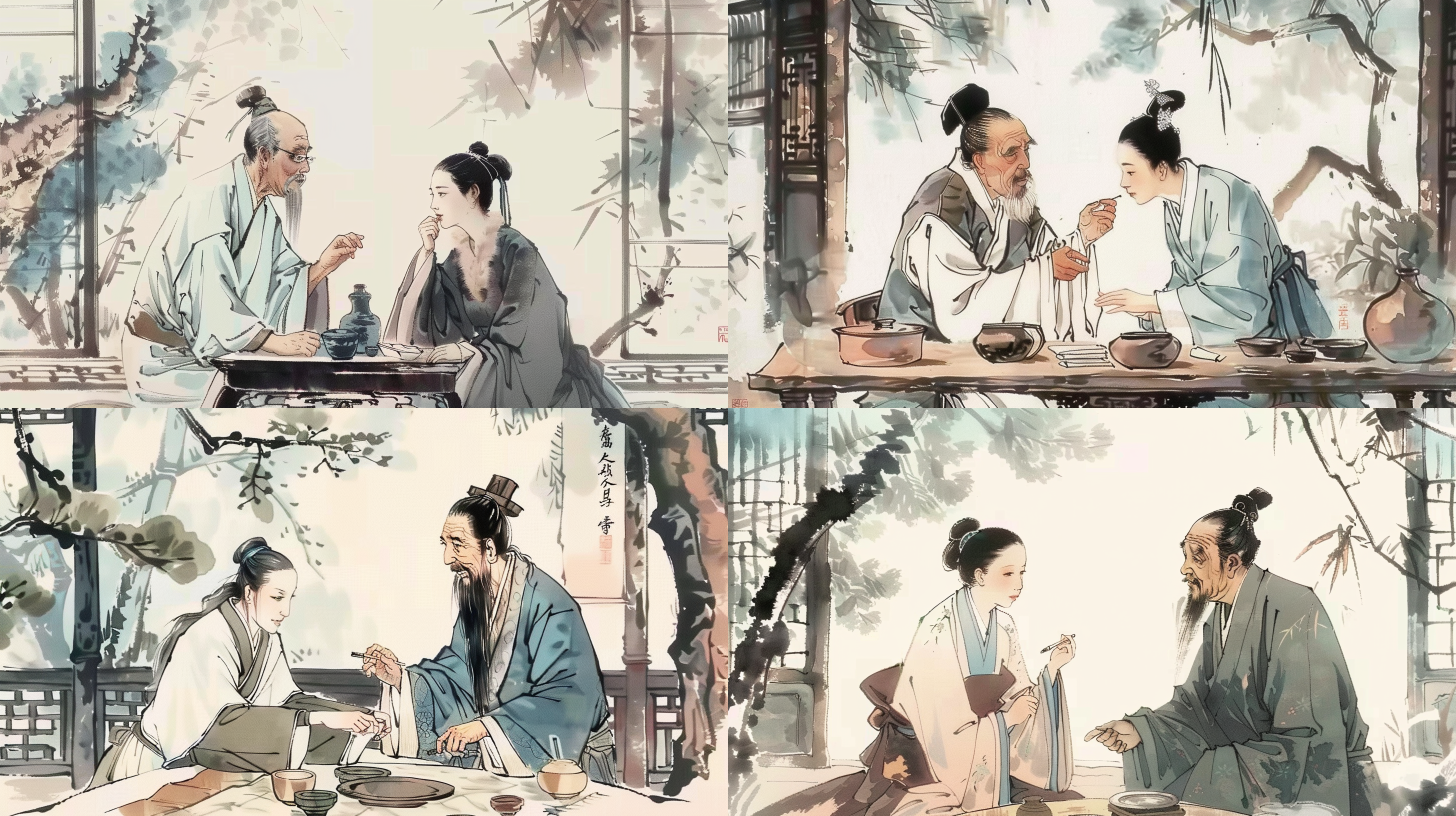 老中医为女患者会诊，右手把脉，女生左手摸脸，2人隔着古色桌子对坐，场景在药馆，中医专注神情，古代服饰，干净背景，全景，q版插画，扁平插画，古典色调，细节描绘，肖像风格。