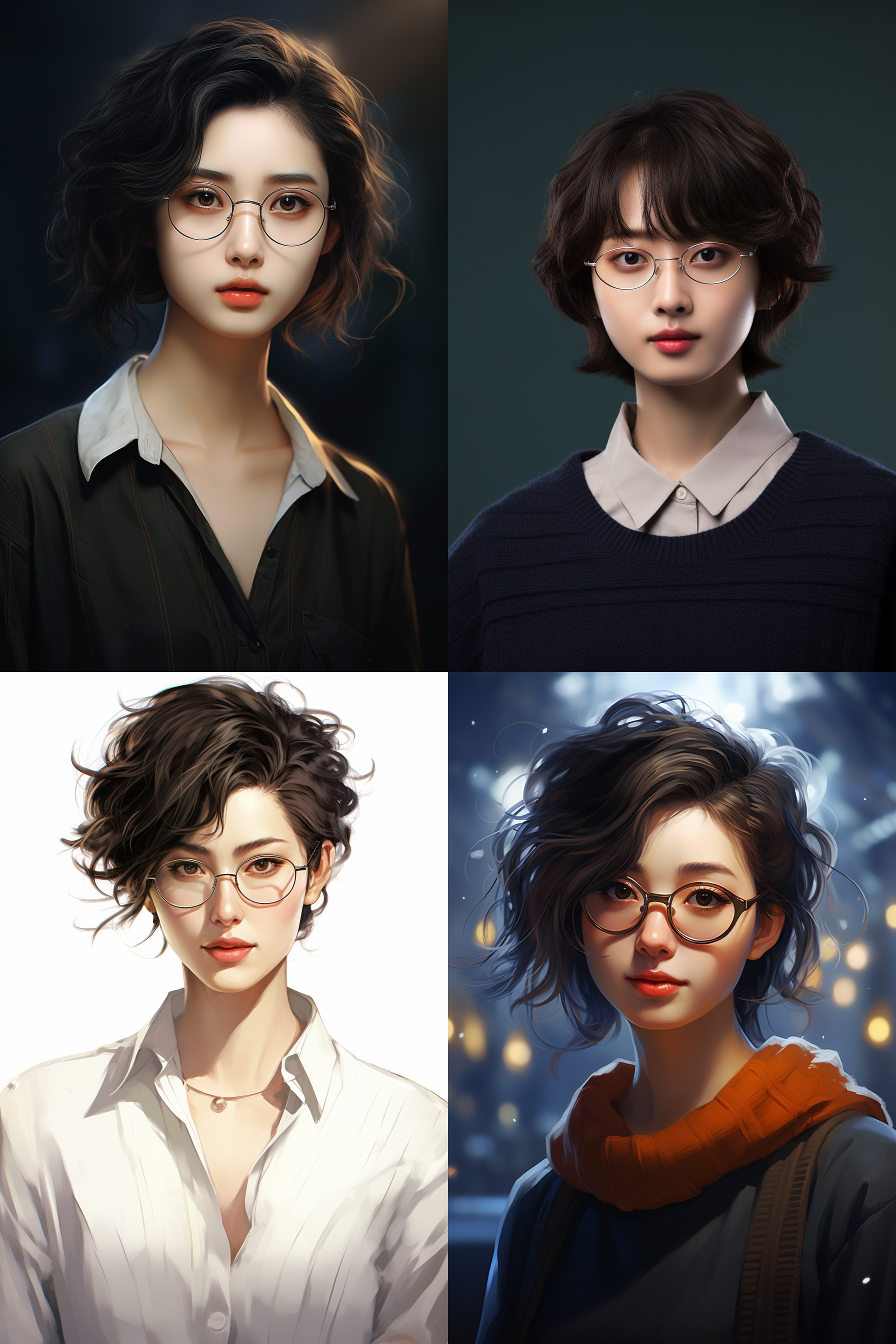 中国美女人像，戴眼镜，短发，可爱