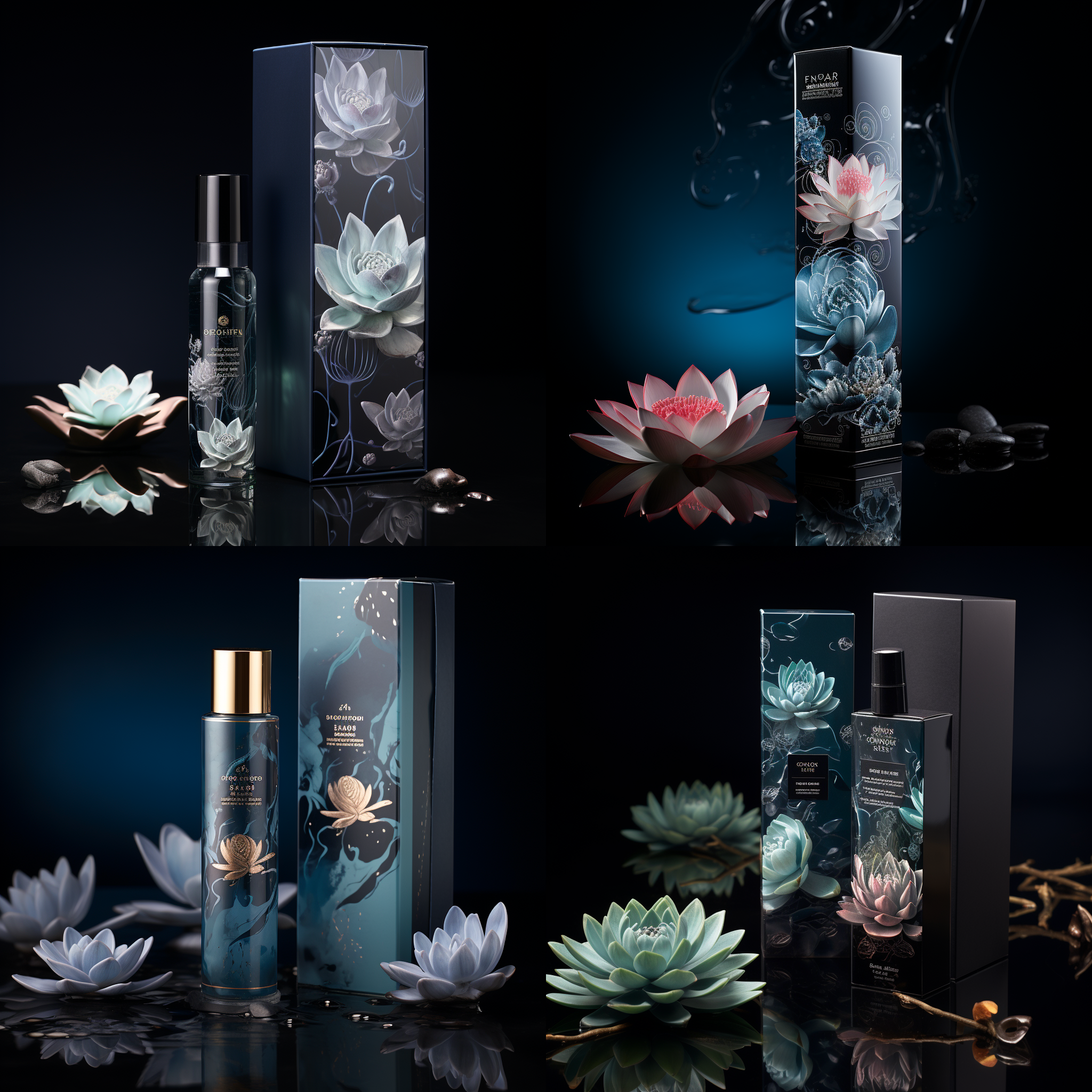 产品包装，静态摄影，产品居右，水面，水花，黑色背景，莲花，细节设计，光影分明，冷色调，超现实，8k画质。