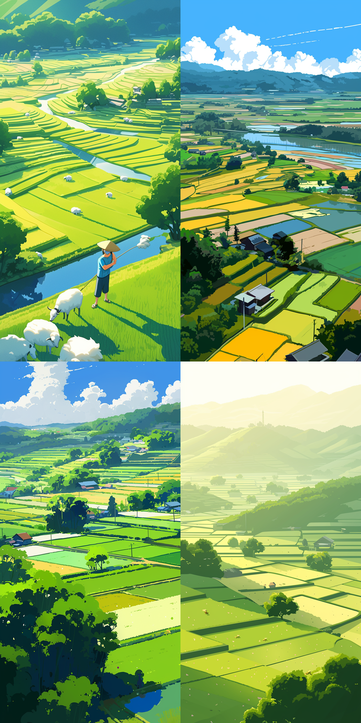 绿色，农耕，春天，水稻田，，明亮，高级灰，矢量插画风格，简约 动画艺术 二维插图 长焦拍摄