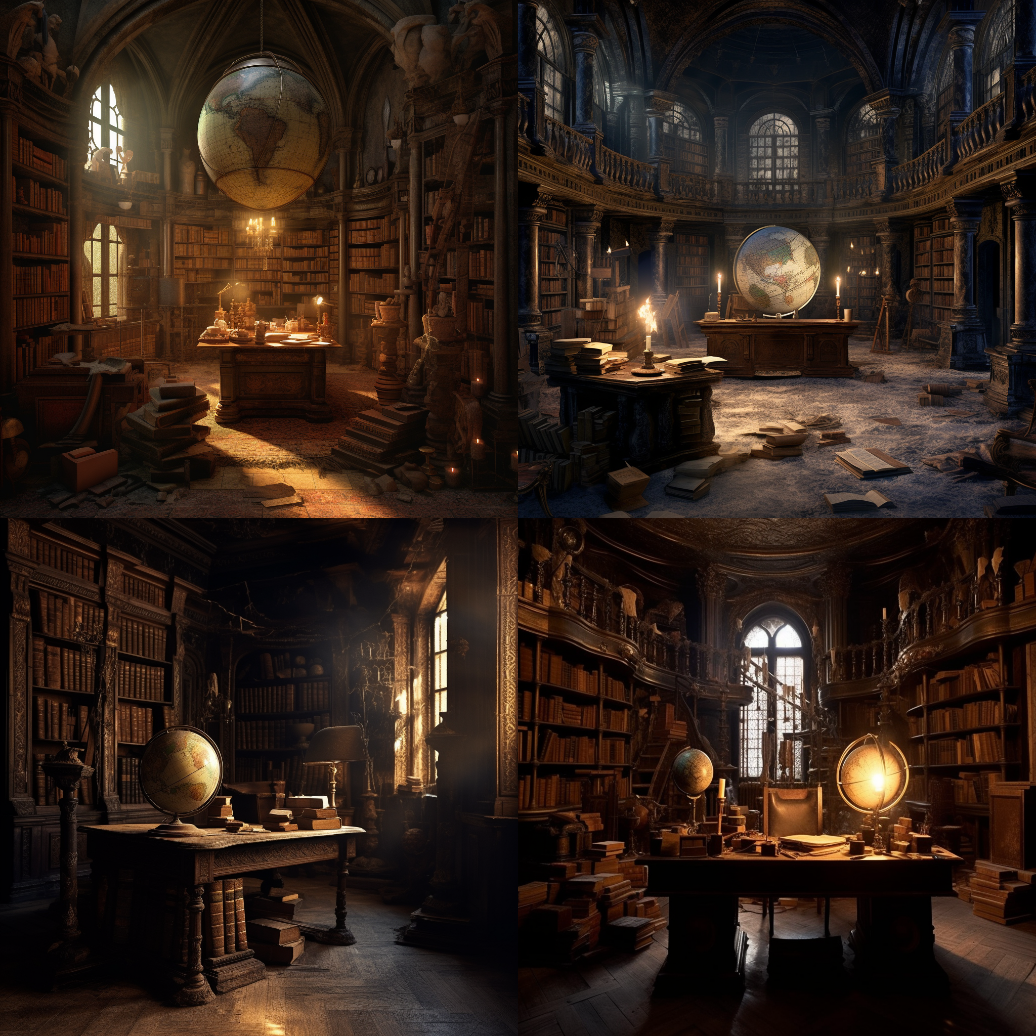 an ancient library with weathered stone walls lined with dusty scrolls and leather-bound tomes, illuminated by flickering candlelight casting dancing shadows across the room, a cobweb-covered globe resting on a mahogany desk cluttered with parchment and inkwells, a mysterious air of antiquity and wisdom pervading the space, a spiral staircase leading to a hidden alcove filled with forbidden texts, captured in a moody and atmospheric sculpture style with intricate details and dramatic lighting, reminiscent of a gothic cathedral interior