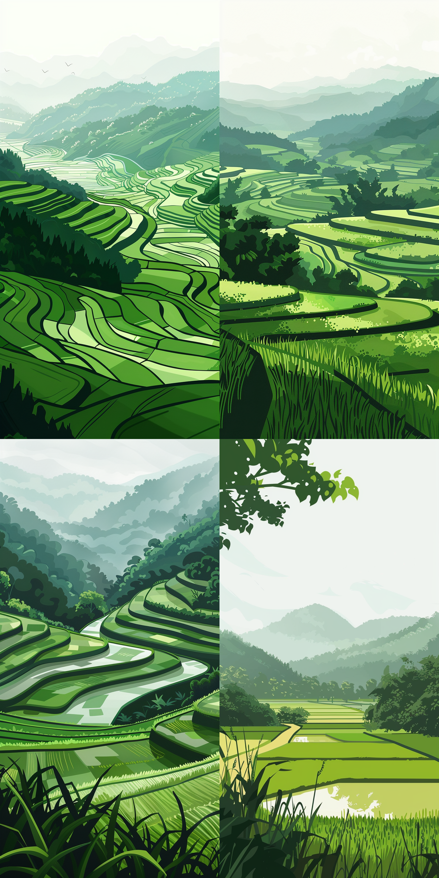 绿色，农耕，春天，水稻田，，明亮，高级灰，矢量插画风格，矢量图，平面设计，水田，简约，色块 二维插图 长焦拍摄