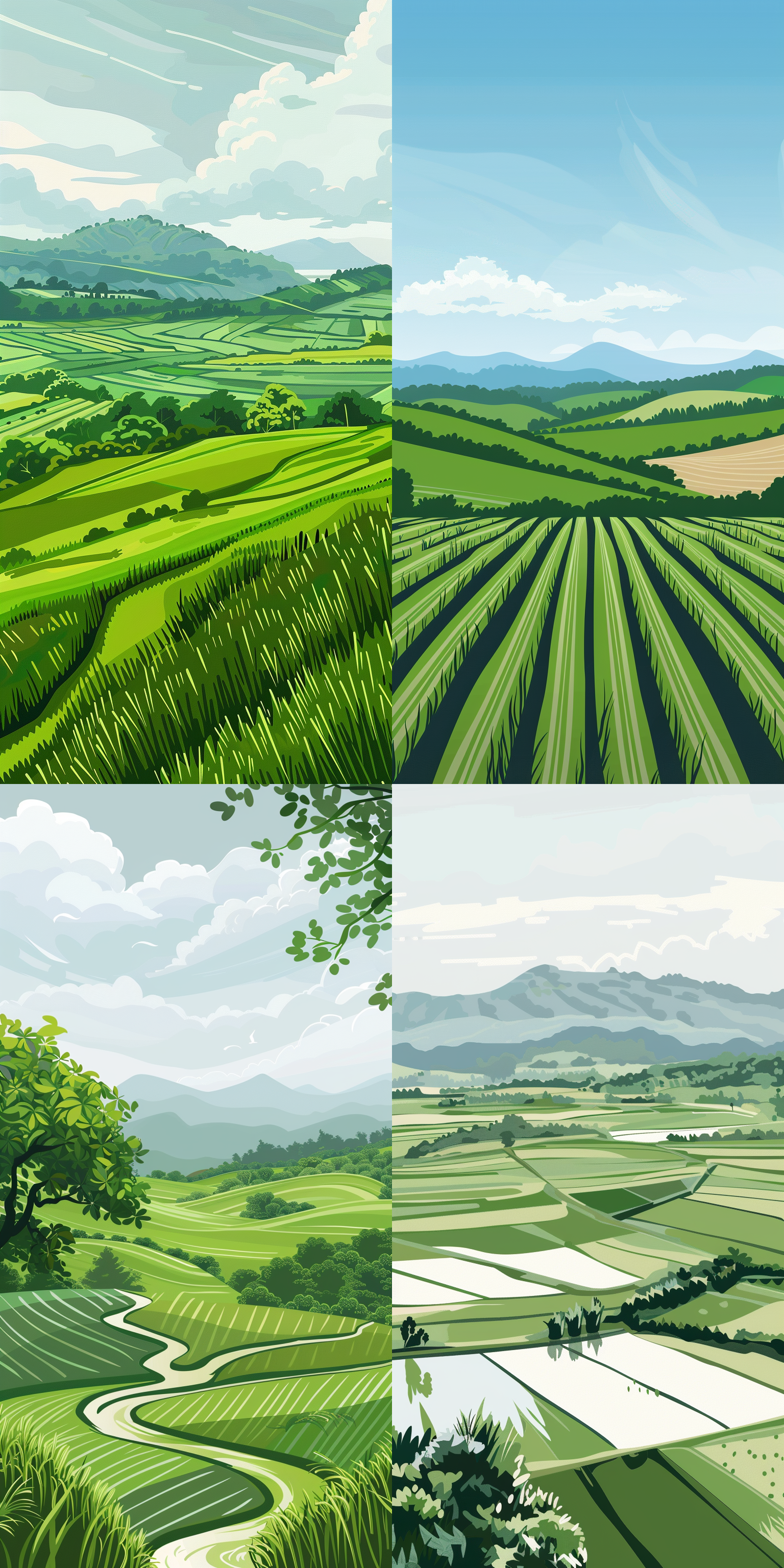 农耕，春天，平原，水田，明亮，高级灰，矢量插画风格，矢量图，平面设计，水田，简约，清新，色块 二维插图 长焦拍摄