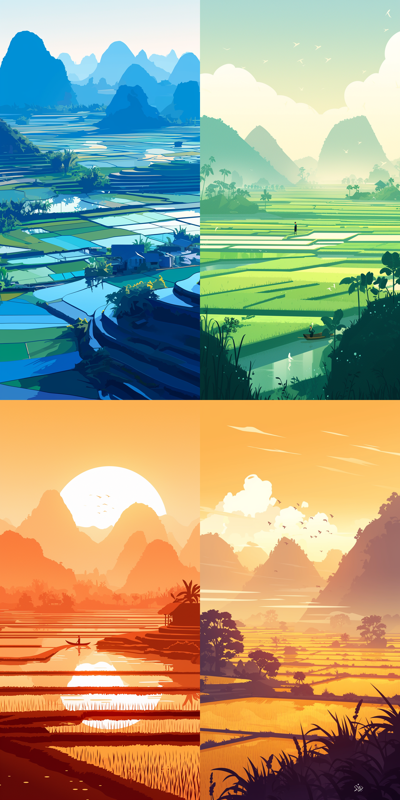 地点在中国广西桂林，稻田，远处朦胧的山，矢量插画，简约，明亮，高饱和度 正视 极简主义 超扁平