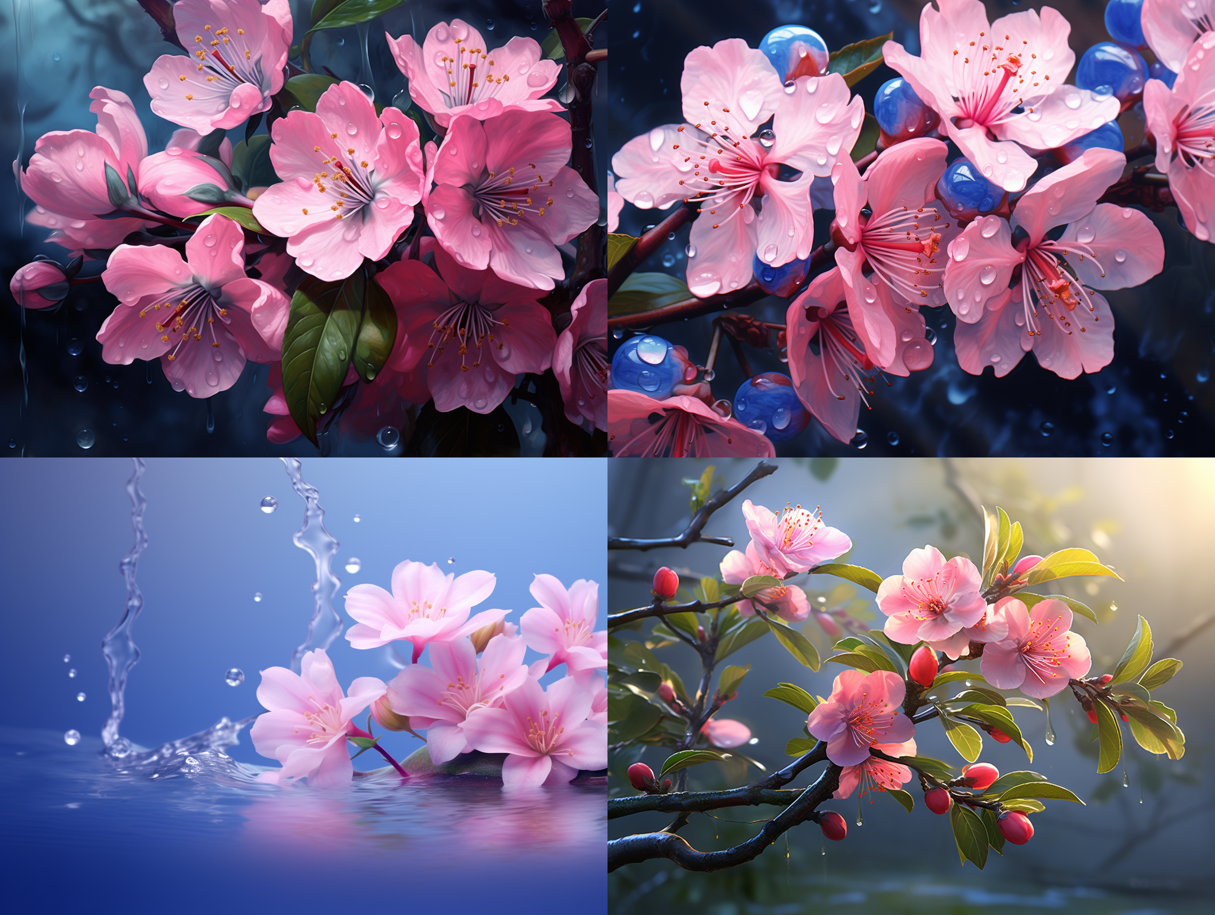 粉色花朵，海水深蓝花瓣，露珠心，绿叶环绕，粉色桃花，忠诚纯洁，高清晰度，9:16宽屏，情感丰富，浪漫色彩。