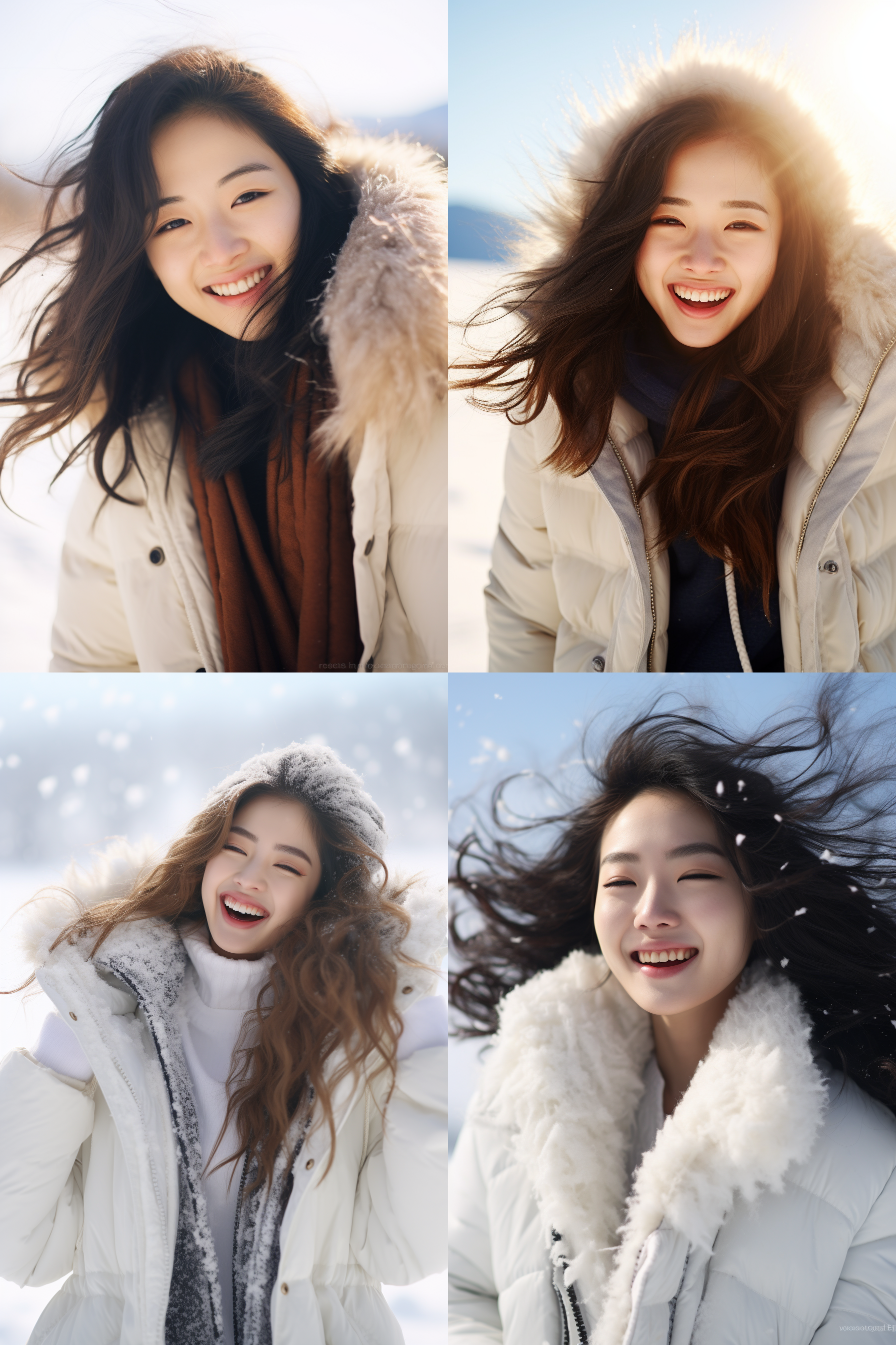 中国女孩户外拍摄，雪地中央，温暖冬装，笑容灿烂，超高清晰度，自然光线，中焦镜头，自然动作，纯净白色，幸福快乐。