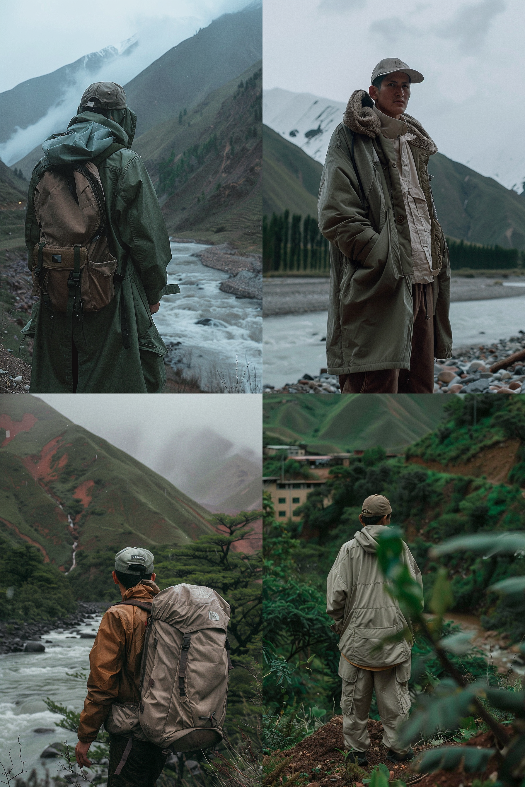 男人在森林中，山川背景，孤独，户外风格，远景，中景，逆光，长焦镜头，站立，探索，蓝色调。