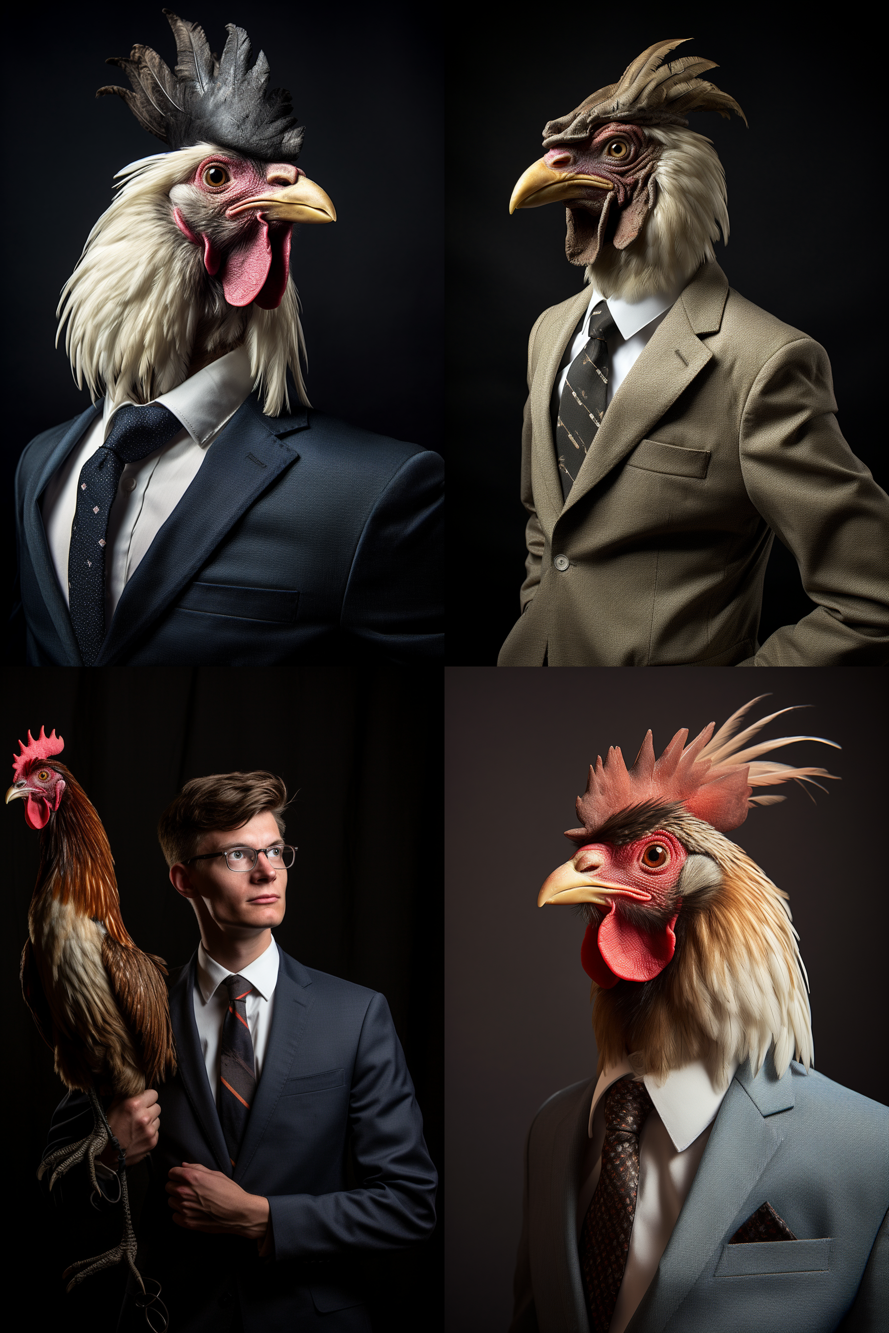 公鸡头部，男人身形，戴眼镜，西装领带，翅膀拿着教鞭，证件照，侧面角度，拟人化，高贵，柔光，精神气足，白色背景