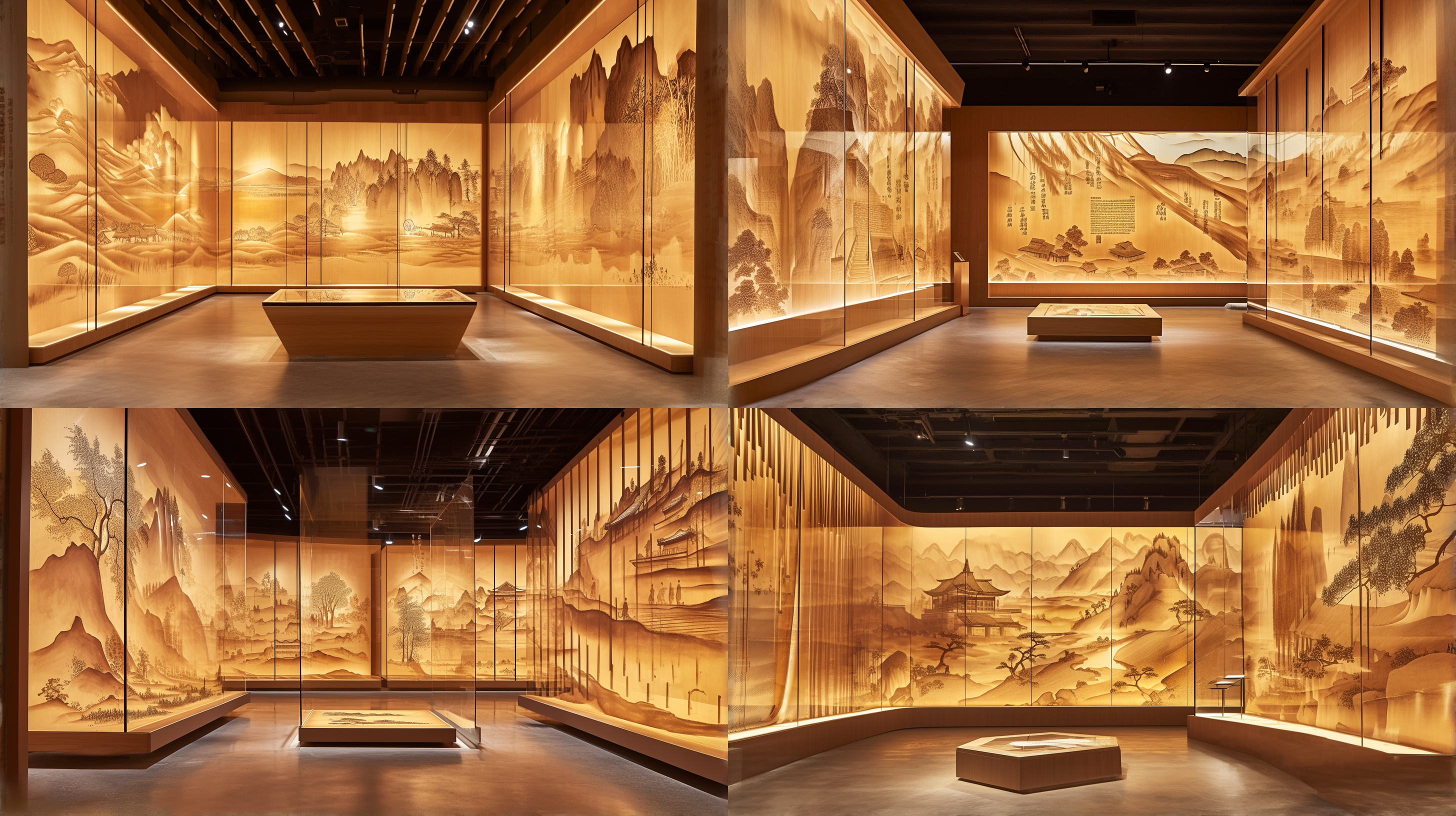 整面墙山水画, 展厅内, 金色水墨, 暖色灯光, 灯带, 静态, 高饱和度, 细节丰富, 高清晰度, 宁静, 传统风格。