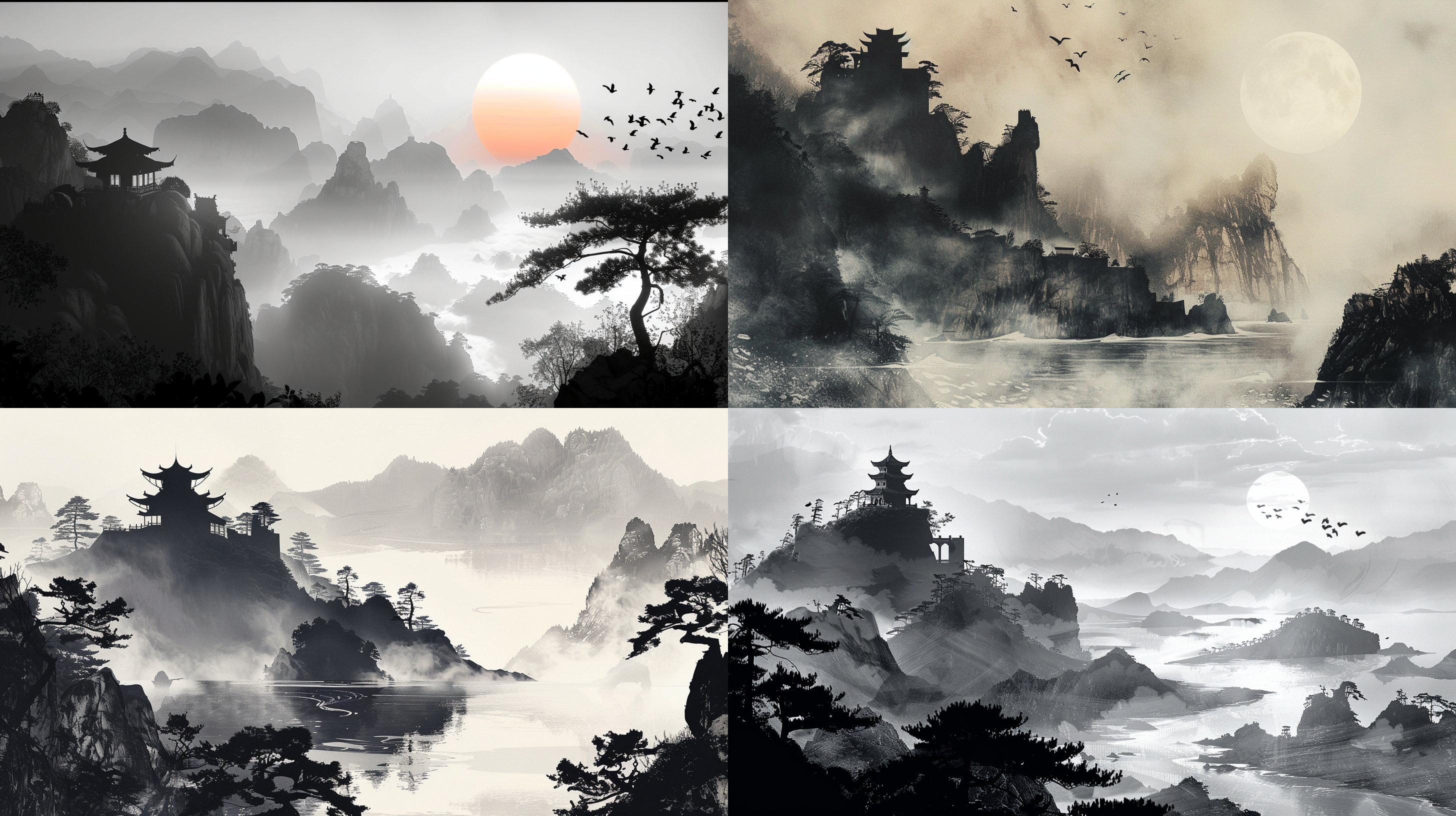 山海经元素，简约剪影，大气。夕阳下的山脉和海洋交织，形成壮丽的景象。一座古老的城堡矗立在山巅，突显出宏伟和神秘感。黑色剪影的树木和动物点缀其中，增添了神秘感和生机。整个画面以黑白为主，营造出古老而神秘的氛围。