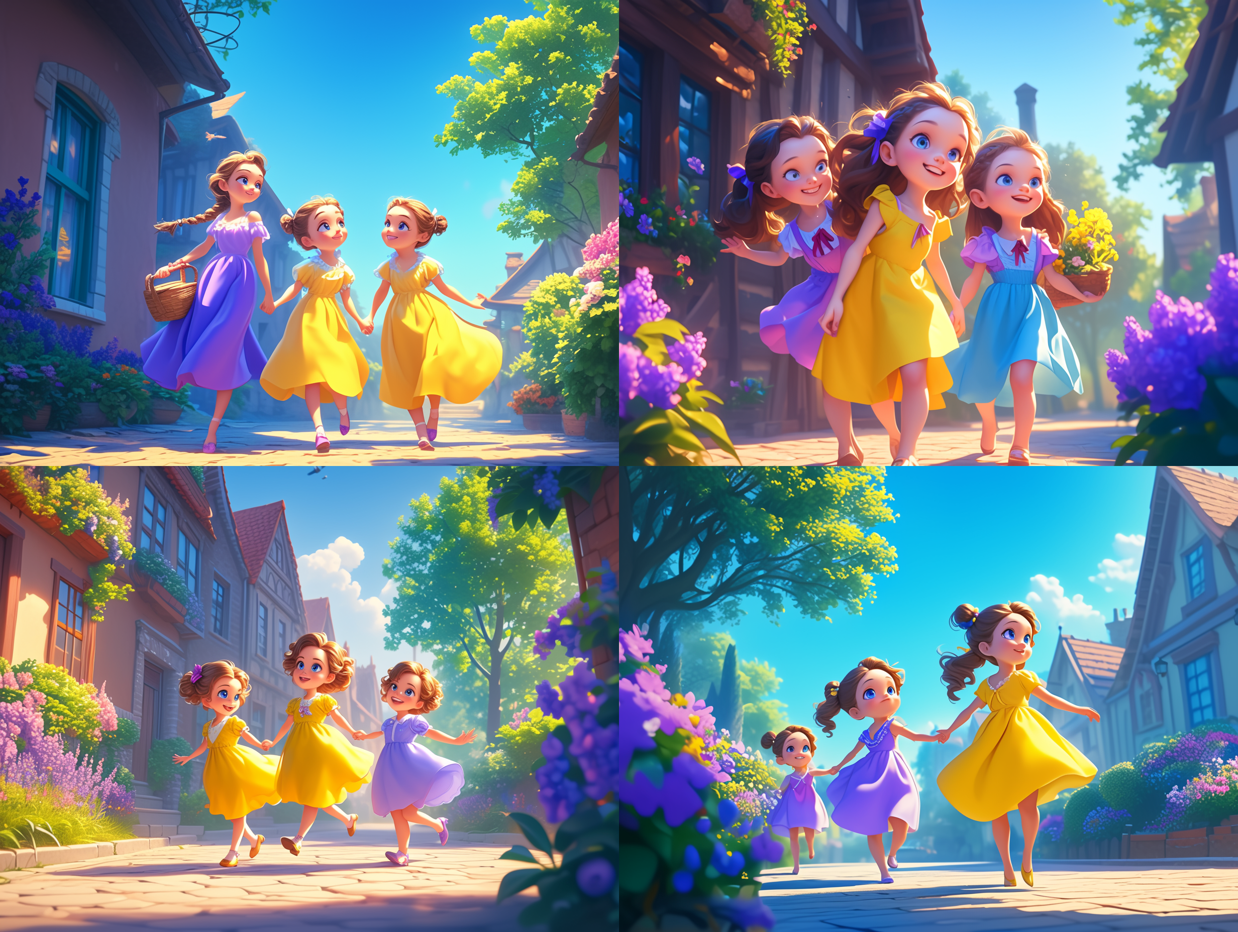 三个小女孩手牵手，穿着好看的衣服，小镇街道，幸福笑容，唯美色彩，治愈系，自然光，色彩鲜明，童话氛围