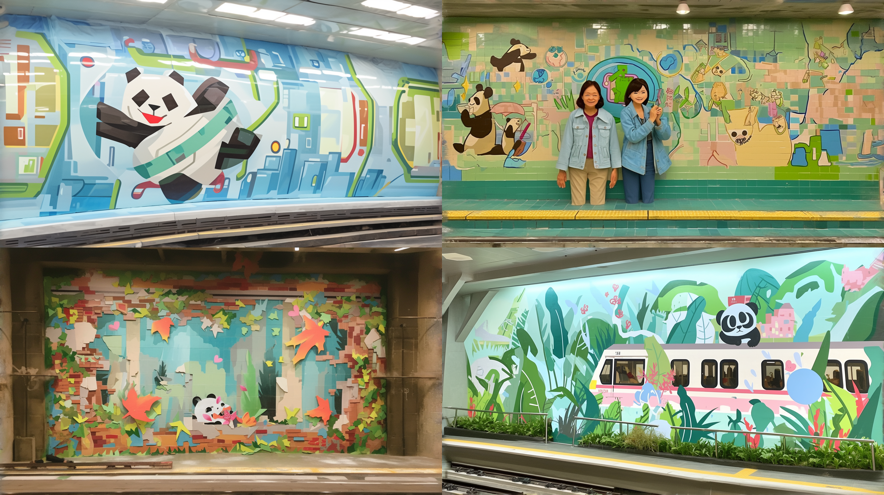 插画，爱心，成都的城市剪影，地铁，轨道，扁平风格，熊猫，温馨画面，笑得开朗，扶老奶奶，欢快的动作，幸福的表情，轻松愉快。