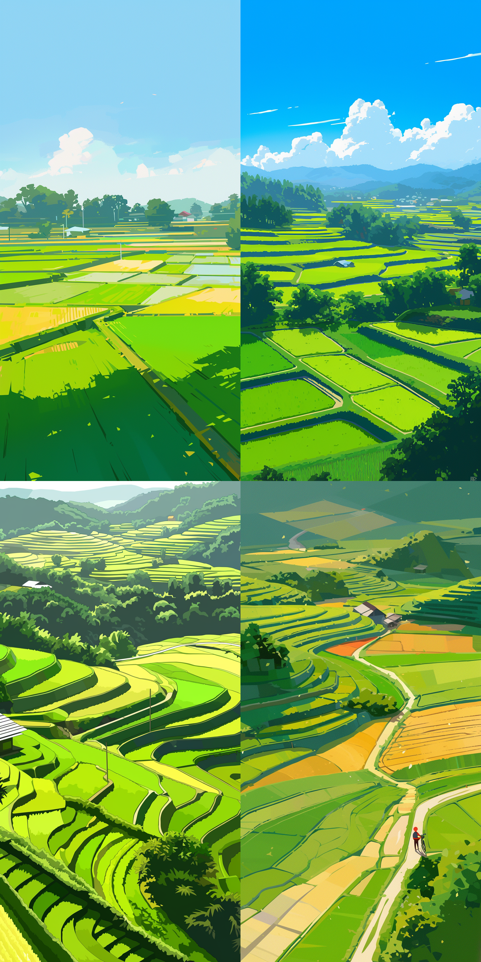 绿色，农耕，春天，水稻田，，明亮，高级灰，矢量插画风格，简约 动画艺术 二维插图 长焦拍摄