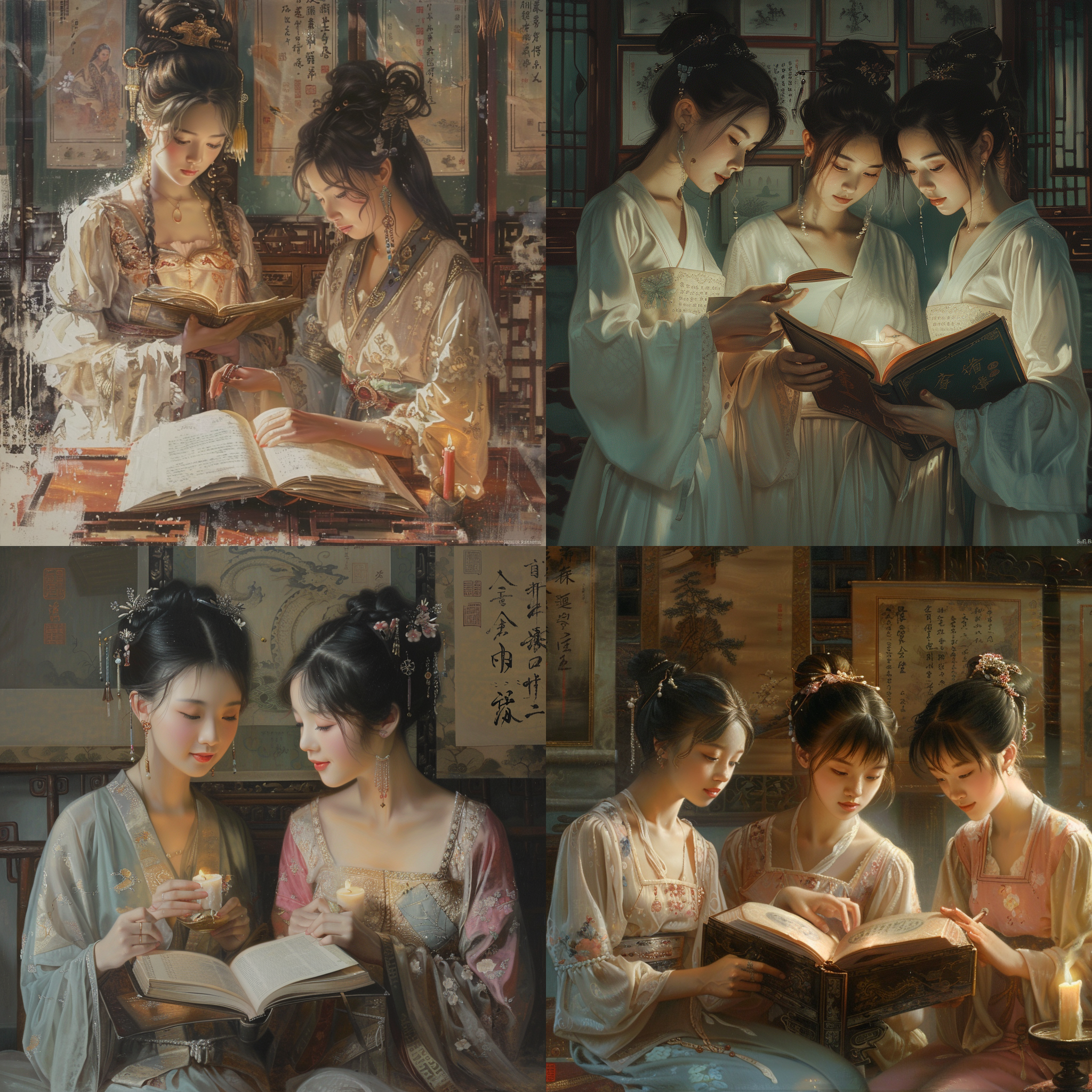 中国古典女孩读书，眼睛专注于复杂的文字，手指轻柔翻动书页。房间弥漫着香气，烛光柔和温馨。墙上挂着传统中国卷轴，古老智慧与女孩静谧沉思共鸣。场景散发着永恒优雅和求知欲。绘画风格，暖色调，低饱和度，柔和光线，静态，古典。