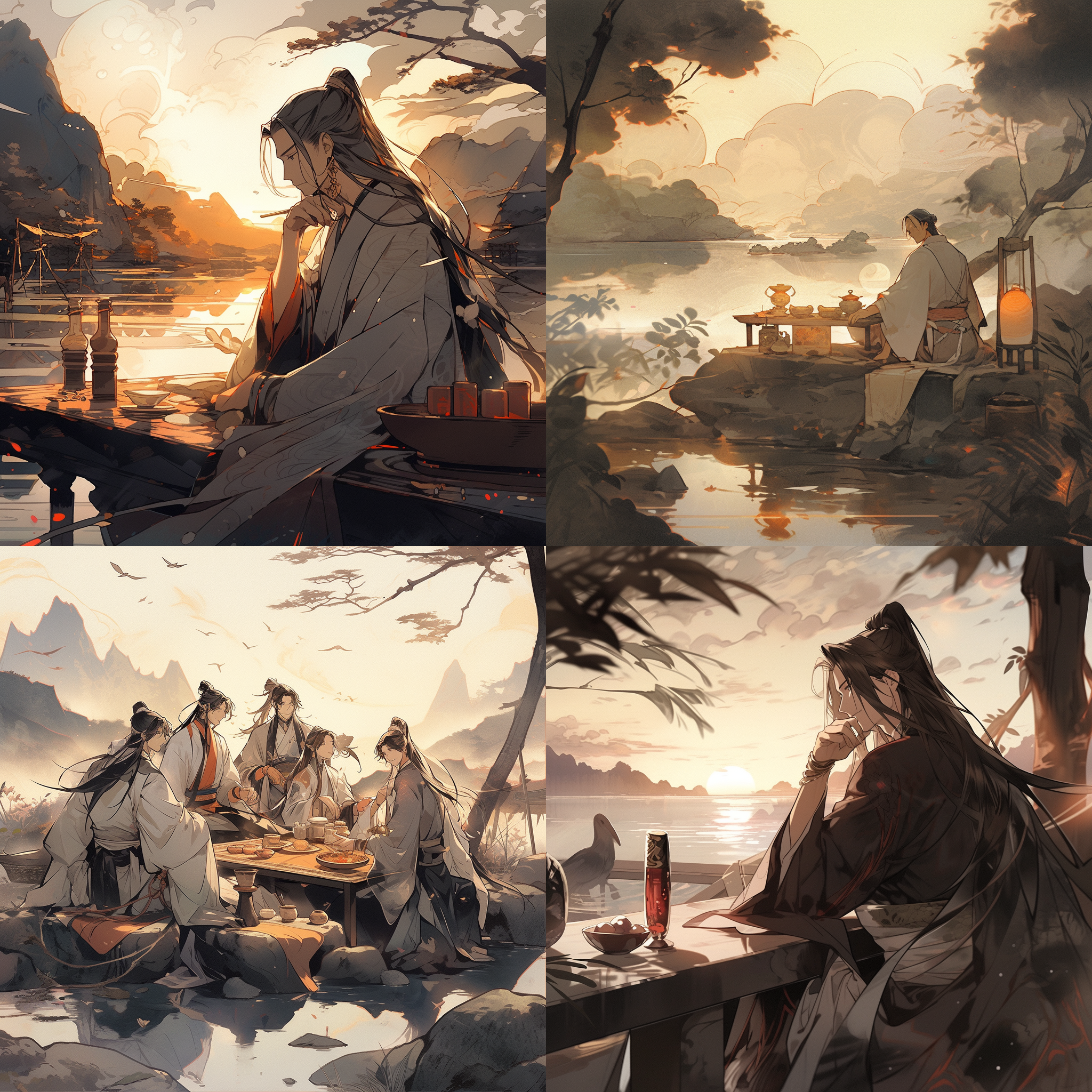 李白饮酒，黄河边，夕阳西下，晚霞艳丽，道袍，水墨画风，古典气息，朋友，欢乐，诗人，老年，光影。