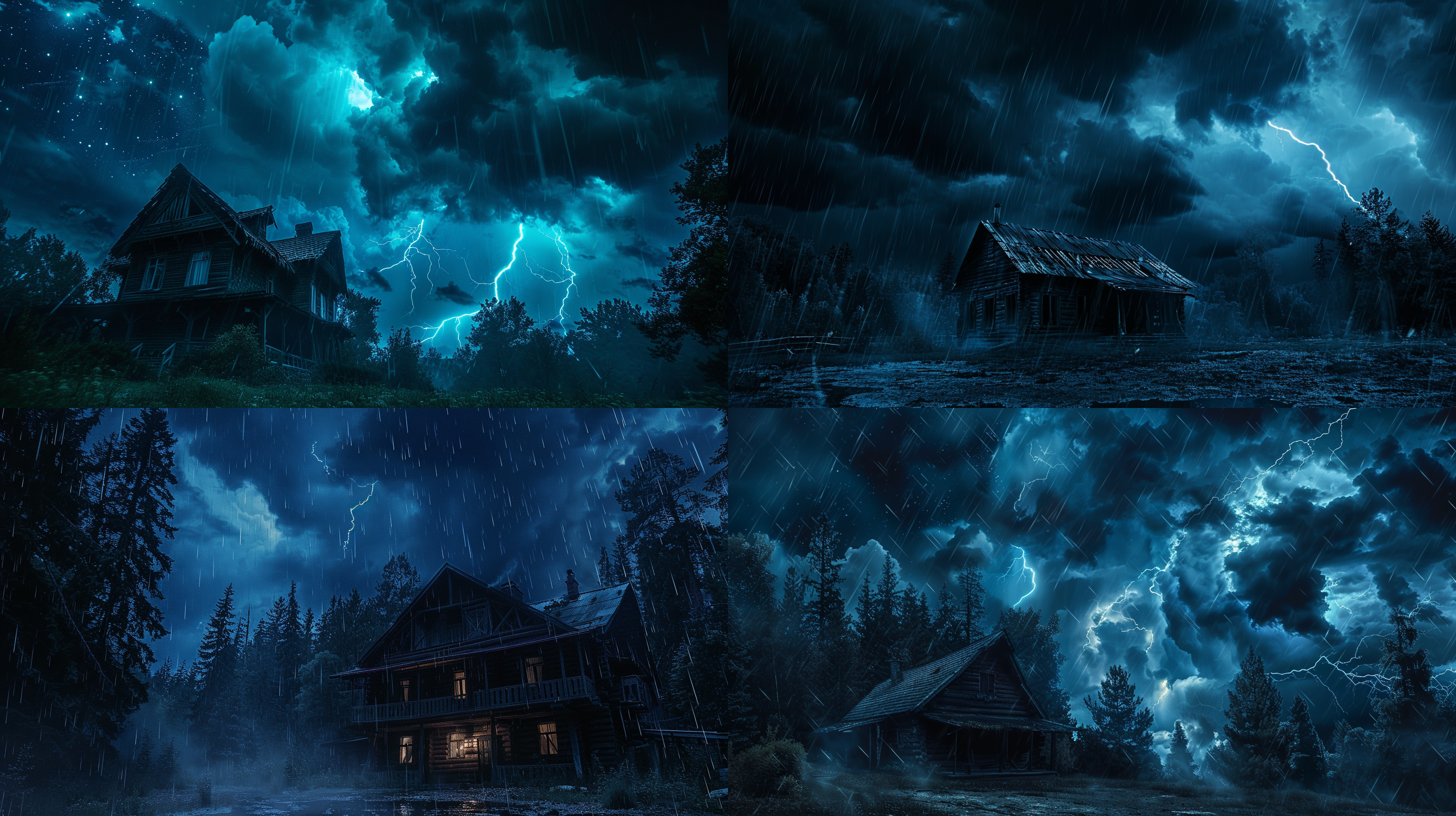 乌云密布，暴雨，夜晚，恐怖，星空，木屋，森林, 恐怖风格, 星空背景, 闪电, 高对比度, 宽幅相机, 蓝色调, 雨滴效果, 惊恐表情。