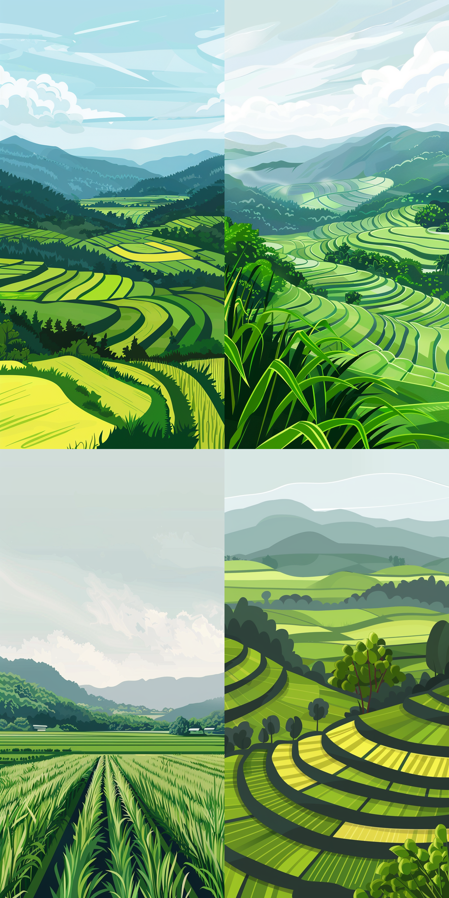农耕，春天，平原，水田，明亮，高级灰，矢量插画风格，矢量图，平面设计，水田，简约，清新，高饱和，色块 二维插图 长焦拍摄