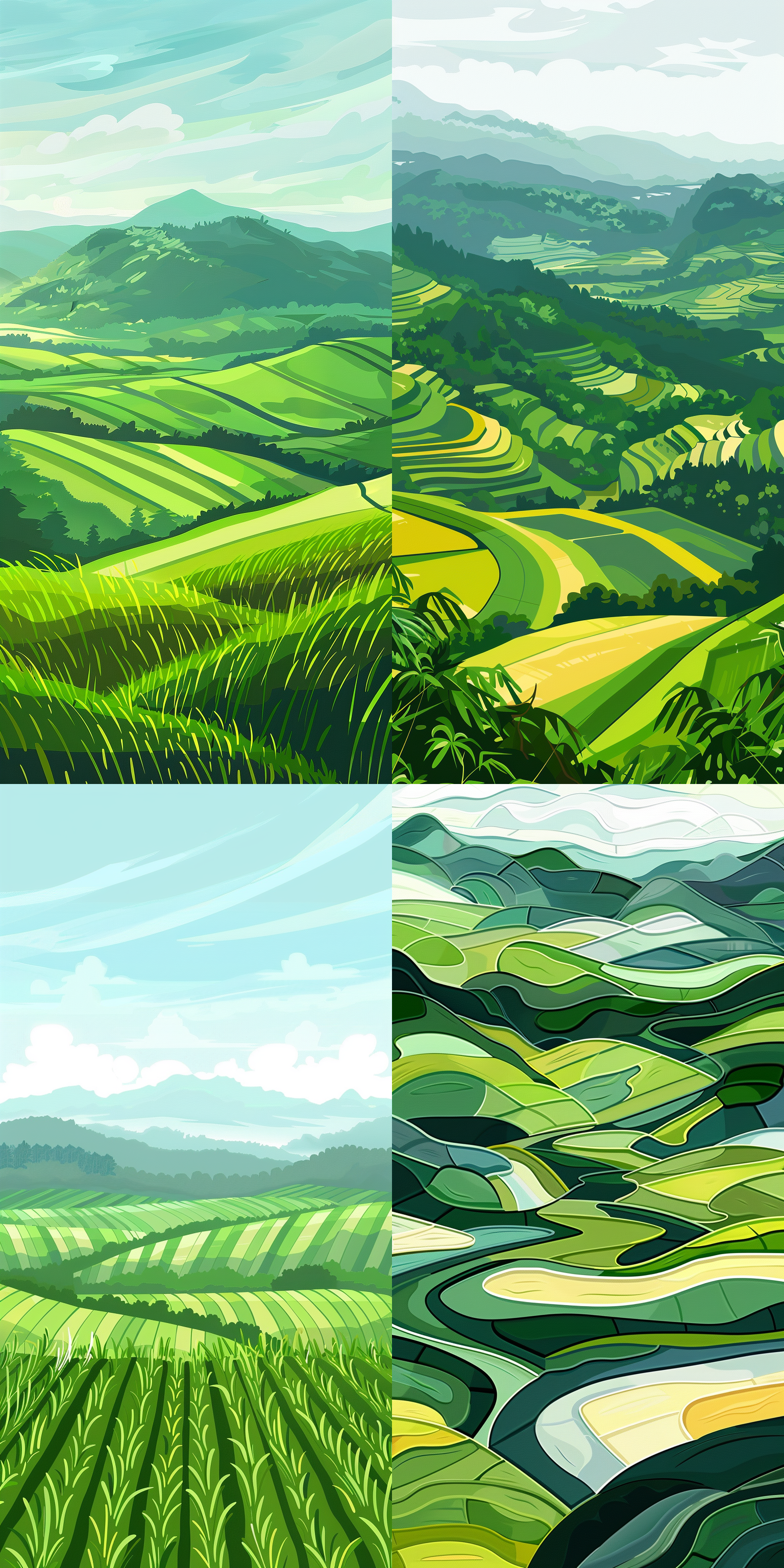 农耕，春天，平原，水田，明亮，高级灰，矢量插画风格，矢量图，平面设计，水田，简约，清新，高饱和，色块 二维插图 长焦拍摄