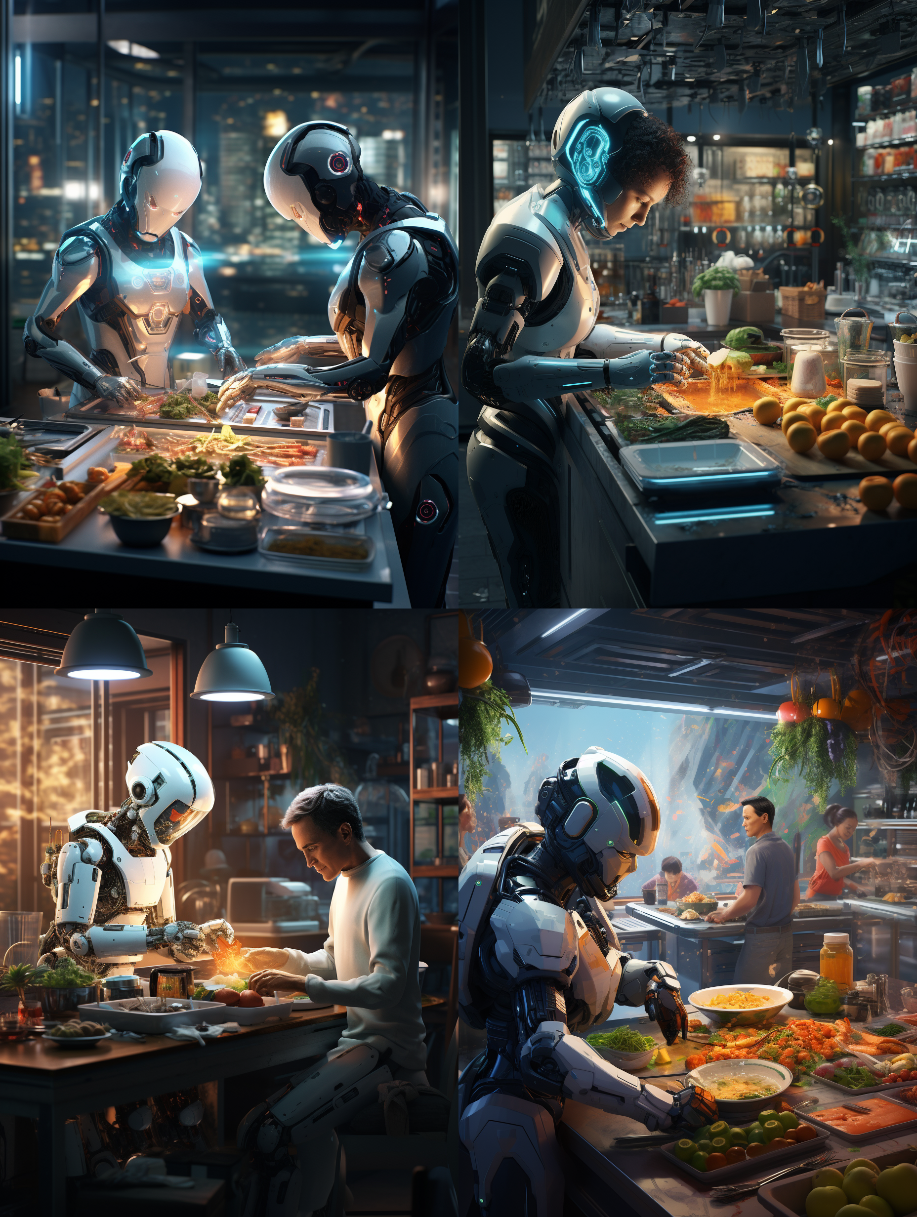 robots cooking in the future, kitchen scenes, full-body robots, a sense of technology, bright and beautiful visuals, wide-angle lens, high-definition details, smart home, arrangement of kitchen utensils, led lighting, futuristic color scheme.