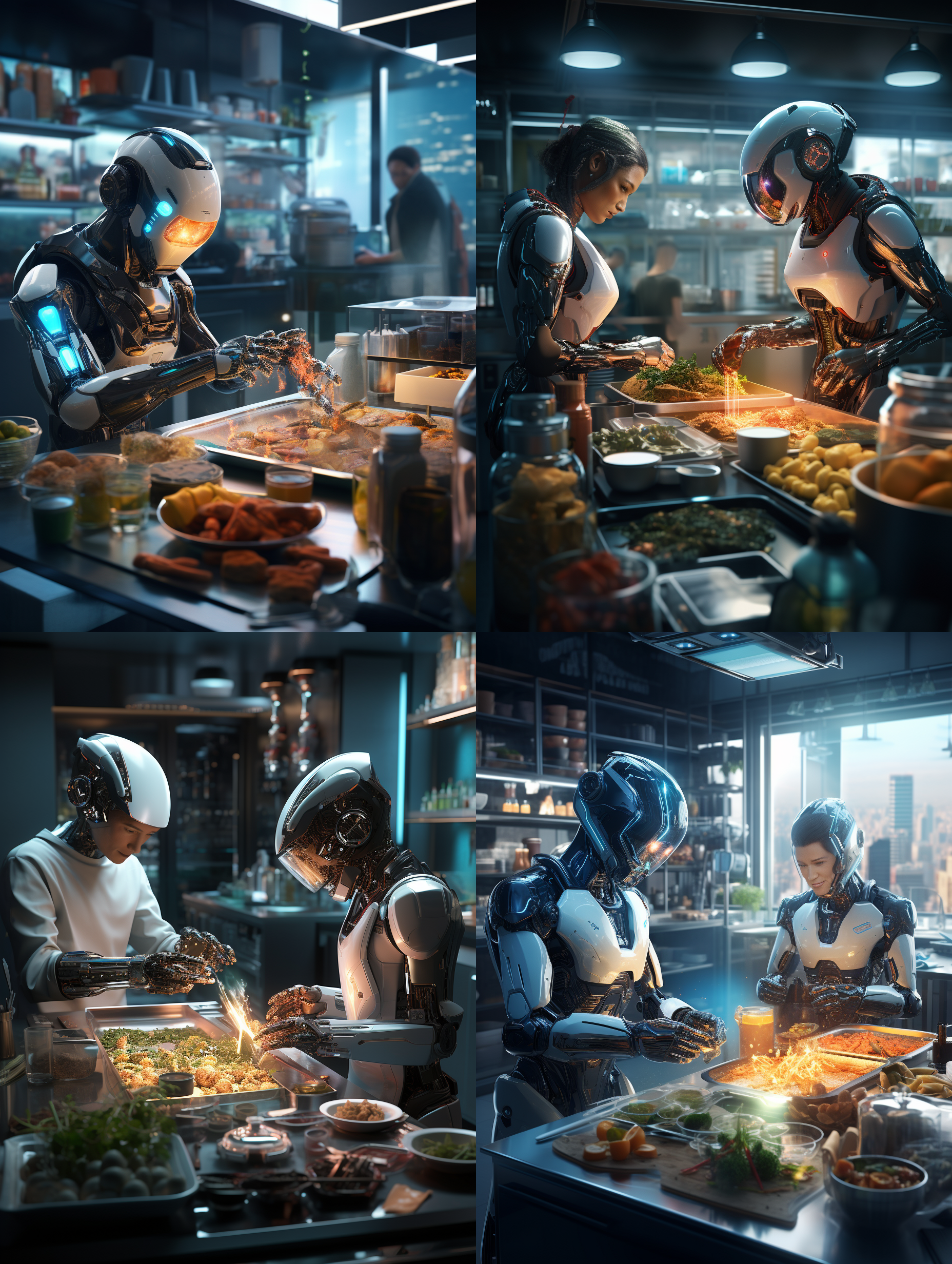 robots cooking in the future, kitchen scenes, full-body robots, a sense of technology, bright and beautiful visuals, wide-angle lens, high-definition details, smart home, arrangement of kitchen utensils, led lighting, futuristic color scheme.