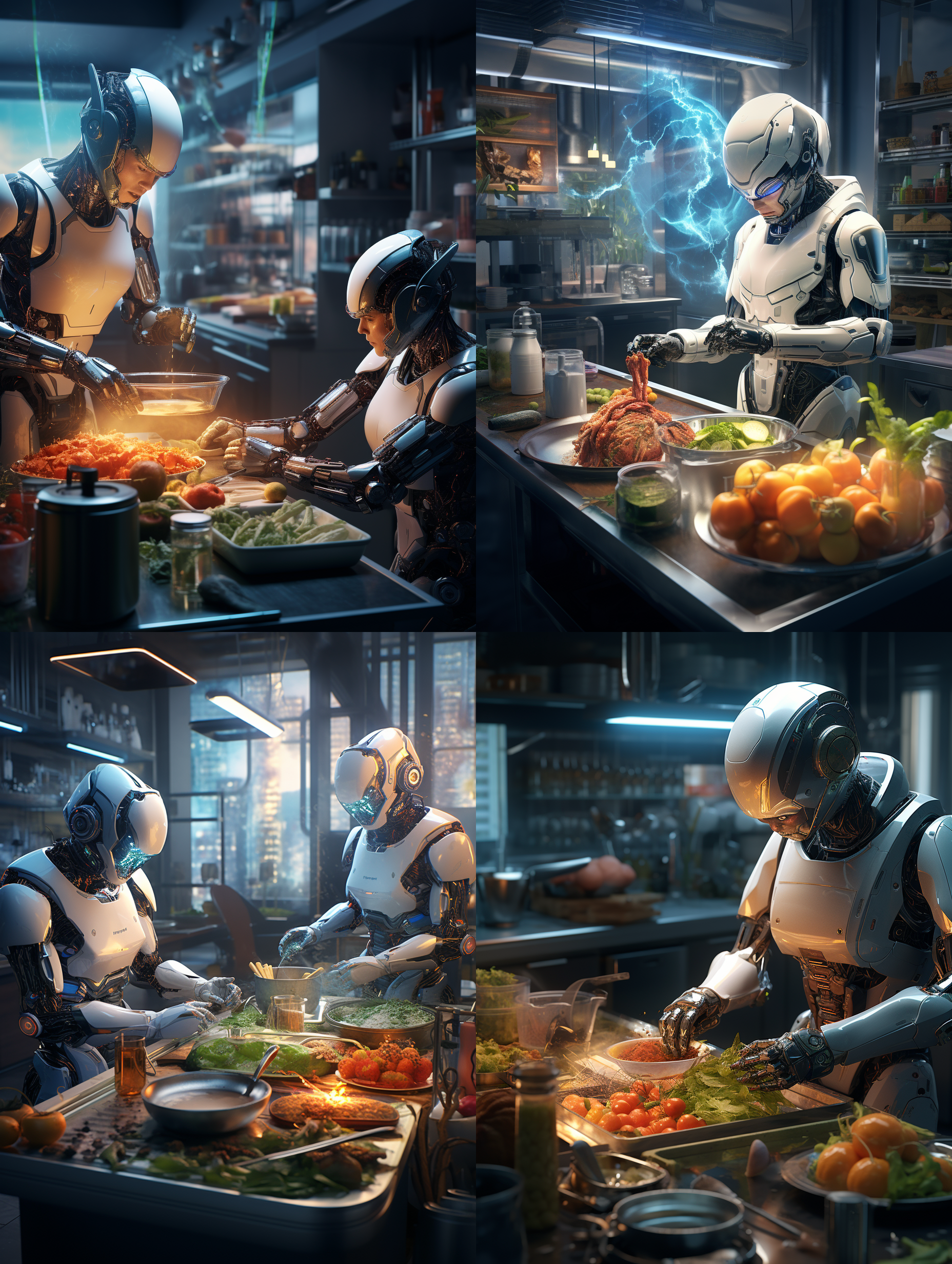 robots cooking in the future, kitchen scenes, full-body robots, a sense of technology, bright and beautiful visuals, wide-angle lens, high-definition details, smart home, arrangement of kitchen utensils, led lighting, futuristic color scheme.