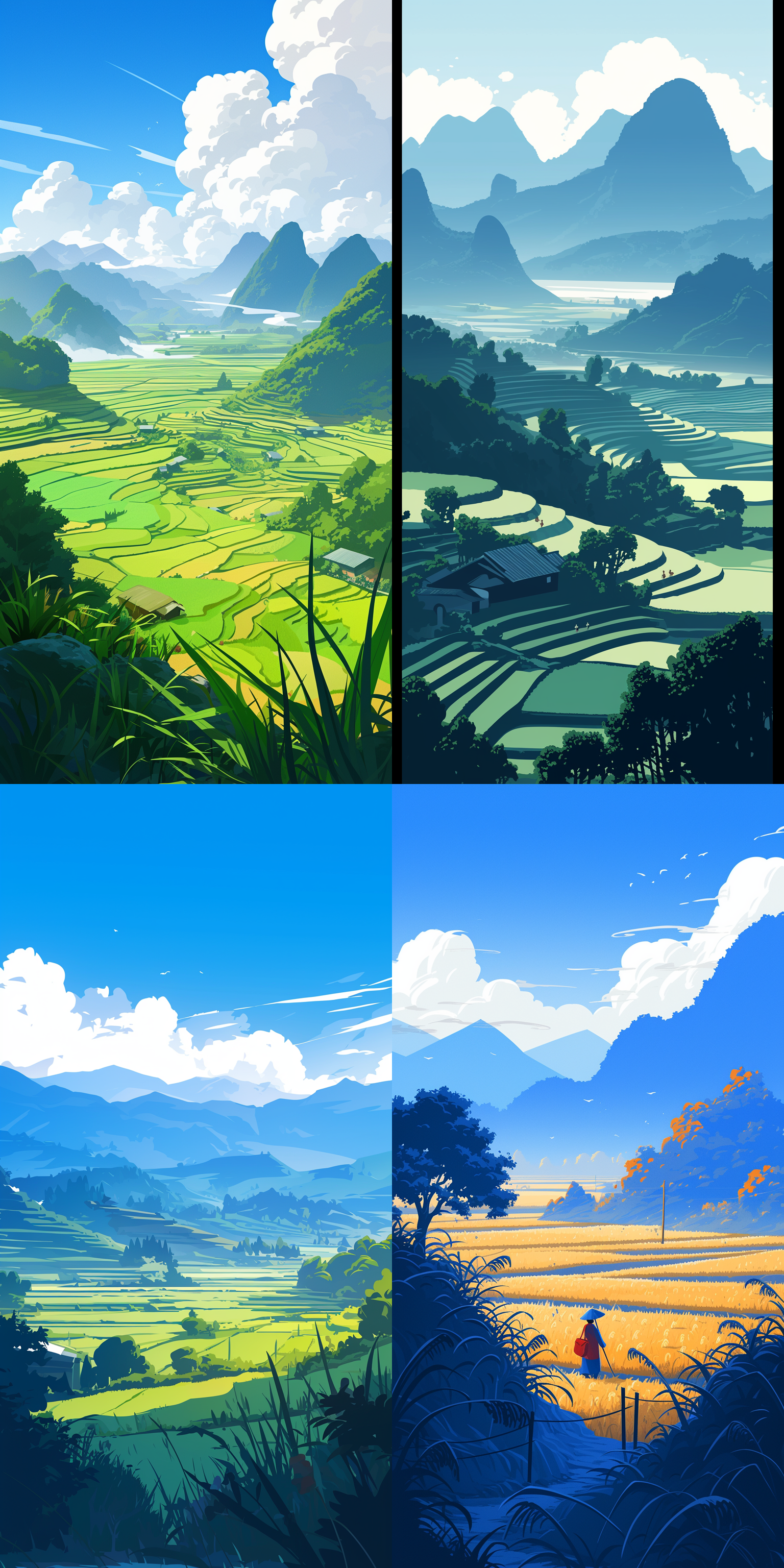 地点在中国广西桂林，草地，稻田，远处朦胧的山，矢量插画，简约，明亮，高饱和度 正视 极简主义 中式宣传画