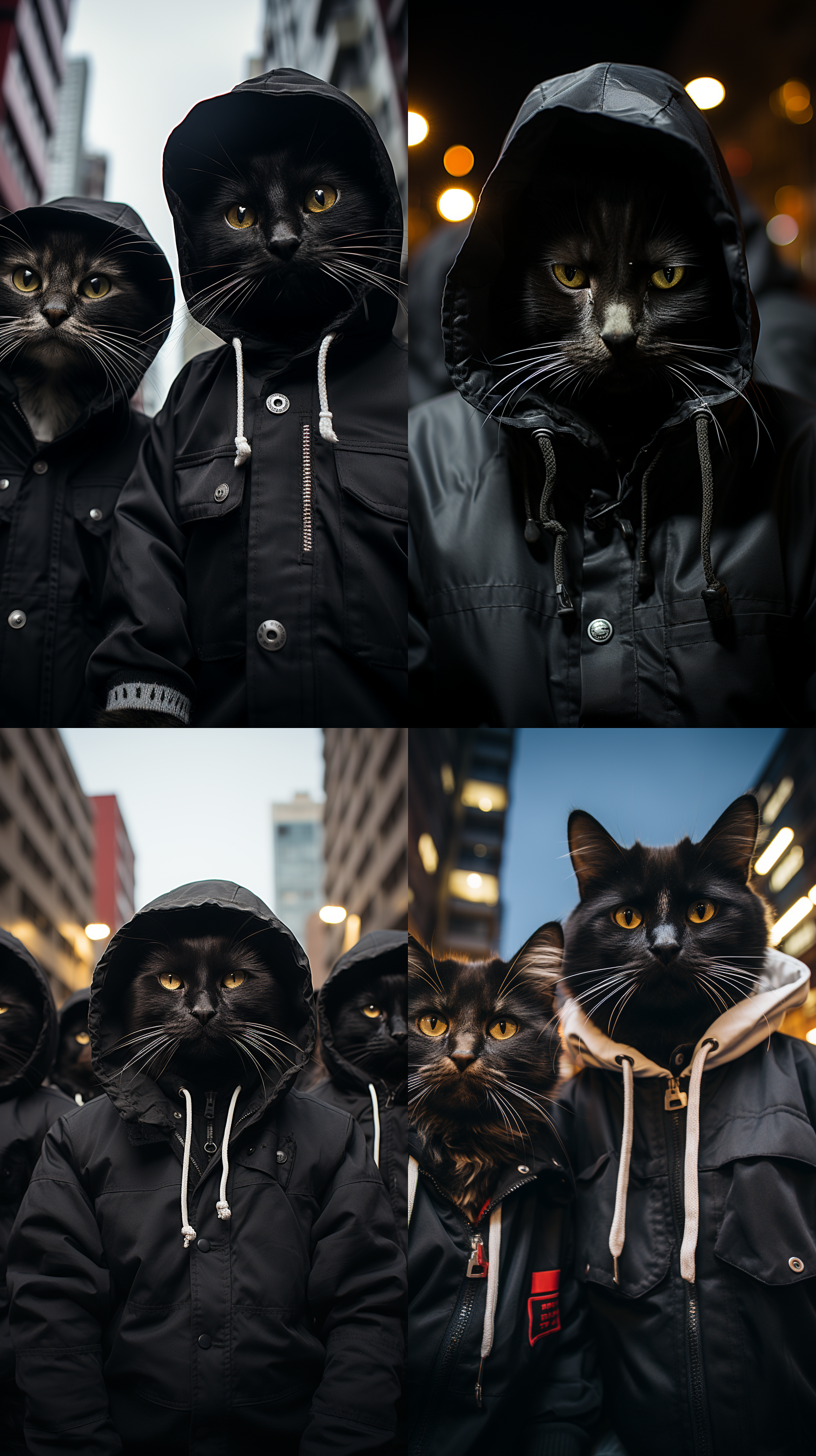 站在那里的黑猫们穿着时尚的连帽衫，脸上表情酷毙了。他们站在城市街头，背景是高楼大厦和灯火辉煌的夜景。照片采用黑白风格，高对比度，广角镜头捕捉到了整个街道的景象。猫咪们摆出各种酷炫的姿势，展现出自信和时尚感。时尚，黑白，城市，广角镜头，高楼大厦，灯火辉煌，自信，时尚。