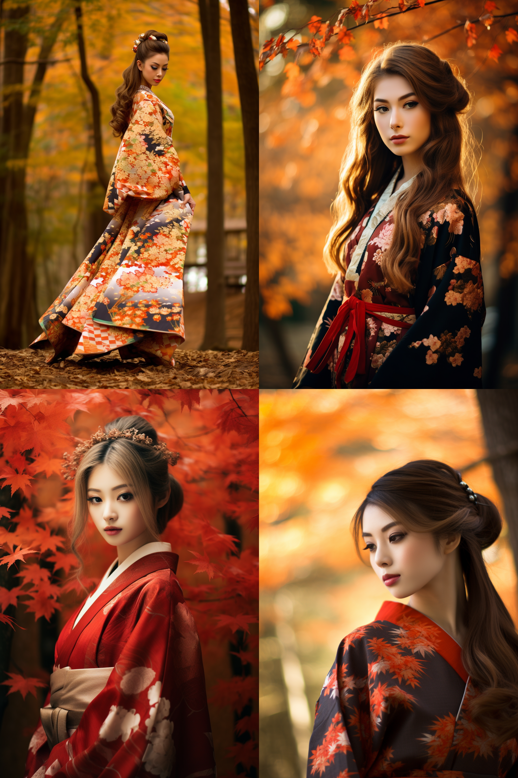 日本和服女孩，枫林背景