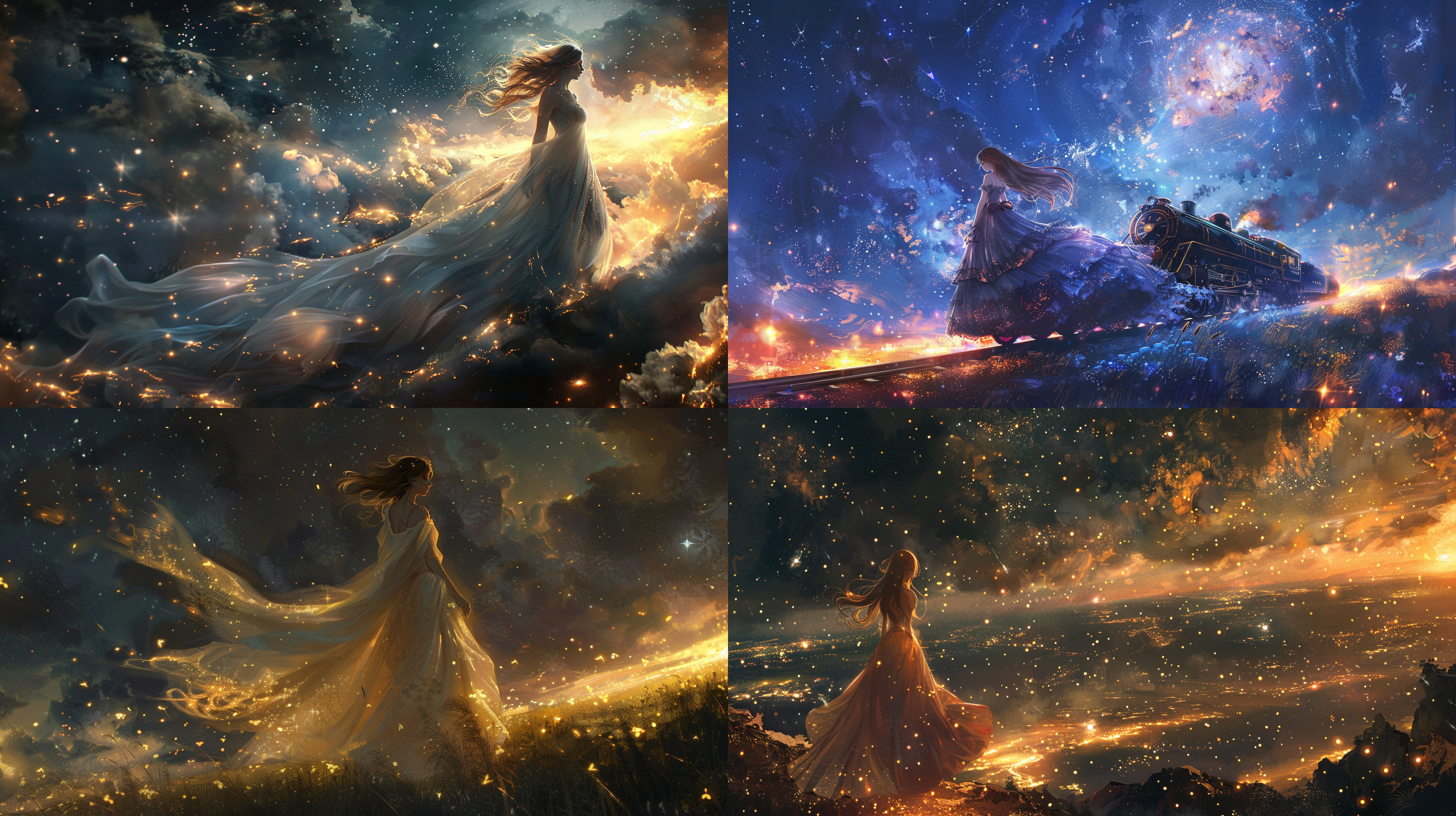 治愈系宇宙，梦幻引擎，星空下，女性角色，华丽长裙，微笑，细节丰富，柔和光线，中焦镜头，温暖色调，梦幻，宁静，神秘。