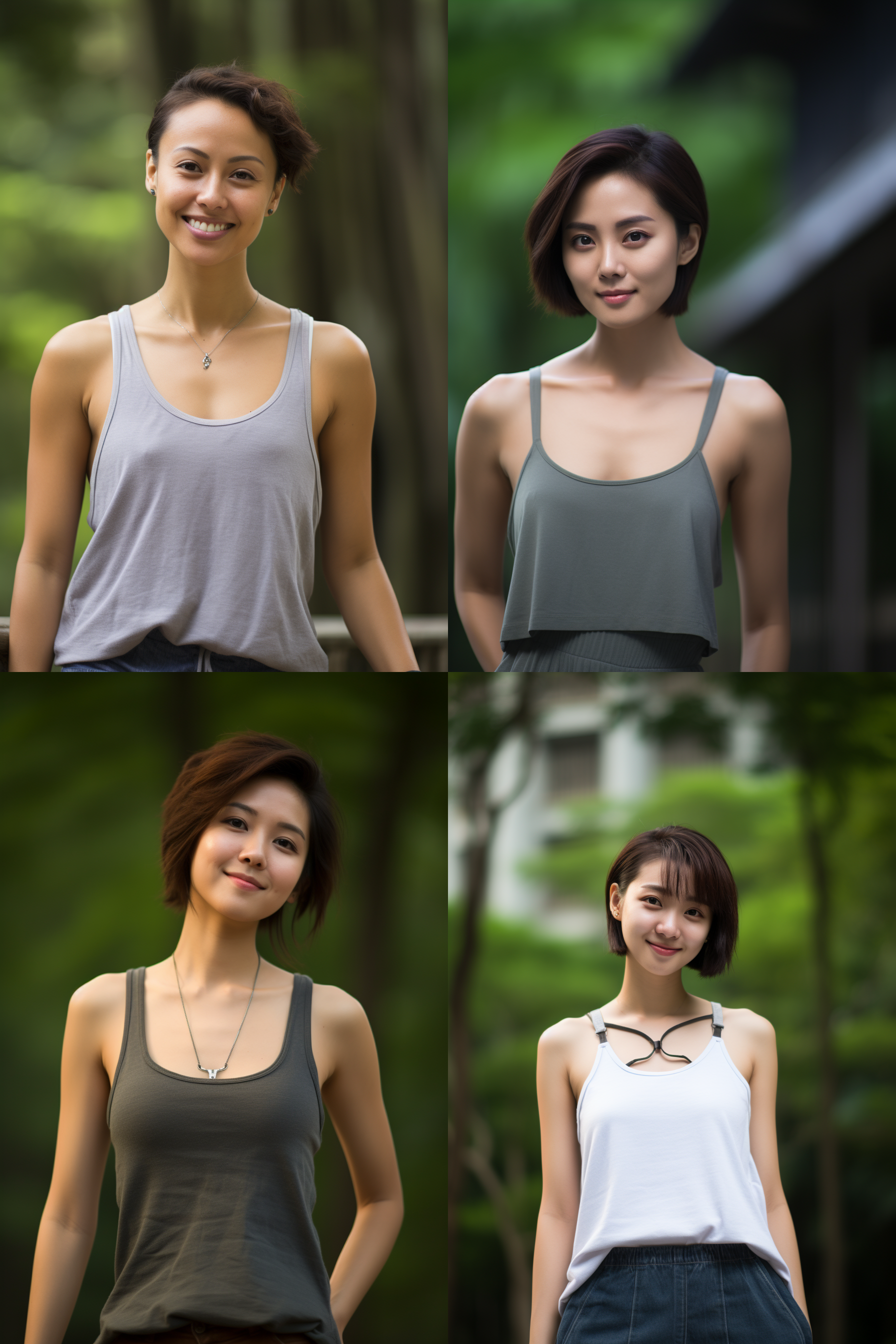 中国短发女孩，穿背心，户外环境，自然光，清晰对焦，微笑，轻松自然，柔和色调，中焦镜头，自然风格。
