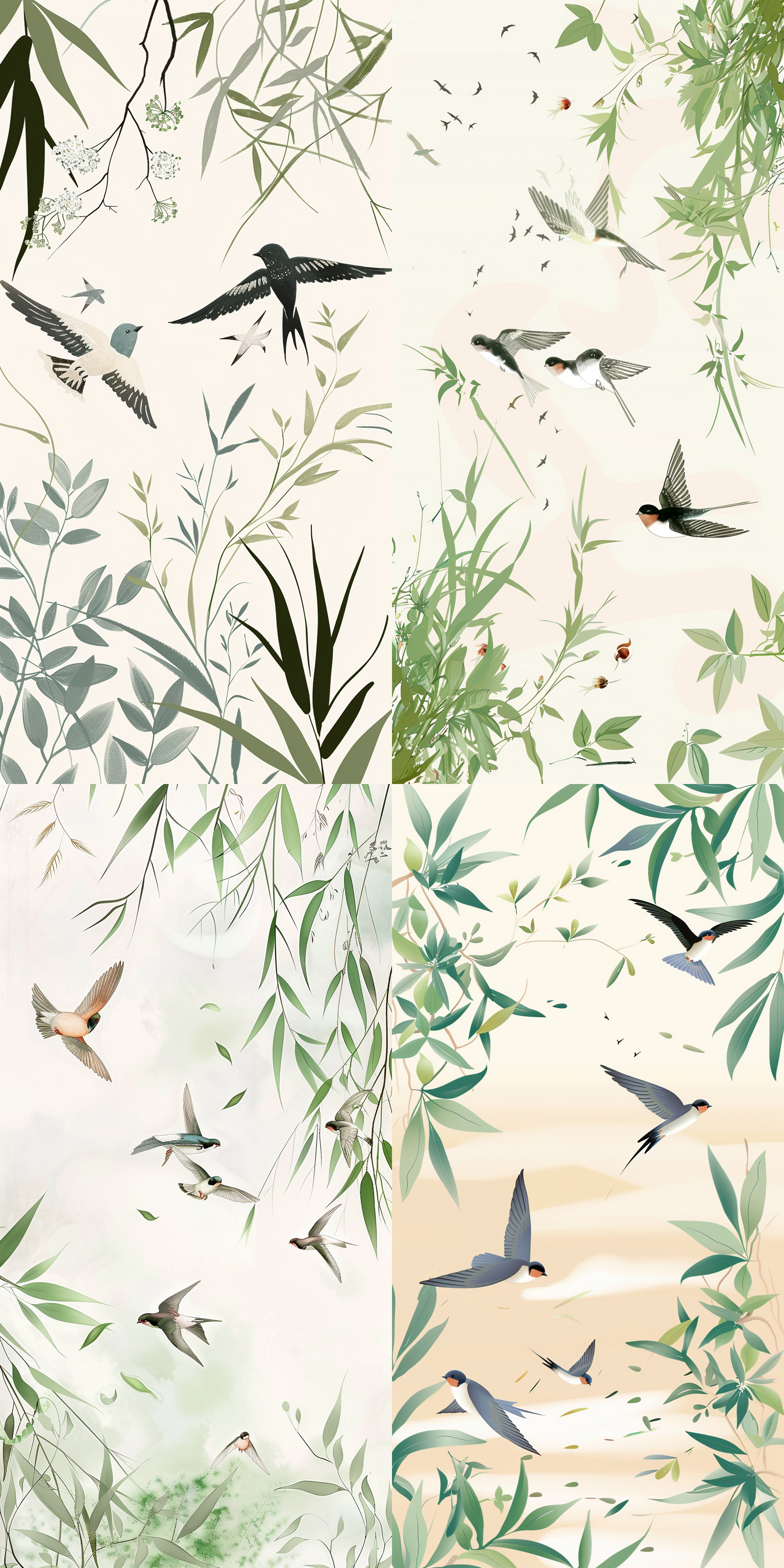 picture a poster dedicated to 清明节, or qingming festival, an important traditional chinese holiday, also known as tomb-sweeping day. the poster is imbued with cultural symbols and elements hinting at the serene and contemplative nature of the holiday, aimed at honoring the deceased. at the heart of this visual is the imagery of 燕子, or swallows, darting across a soft, pastel sky. these birds are often harbingers of spring in chinese culture, symbolizing the change of seasons and the renewal of life. their slender, forked tails and agile wings are captured mid-flight, suggesting both freedom and the cyclic journey of life and death. flourishing 柳枝, or willow branches, sway gently in the imaginary breeze on the poster, their delicate, slender leaves hanging downwards. the willow is emblematic of both sorrow and the hope for new life, resonating with the qingming festival's themes of remembrance and the renewal that comes with spring. verdant 绿叶, or green leaves, round out the composition. these represent the awakening of the earth as winter subsides and life re-emerges. the fresh green hues signify renewal, rejuvenation, and the eternal cycle of life, poignantly reflecting the festival's spirit of paying respects to ancestors while celebrating the vitality of spring's arrival. the poster’s composition, with its swallows, willows, and lush greenery, creates a tranquil and solemn atmosphere, prompting viewers to ponder the intertwining of life, death, and nature's perpetual renewal. it’s a visual homage to the qingming festival, inviting onlookers to engage with the deep-rooted traditions that honor past generations while embracing the rebirth of the season.