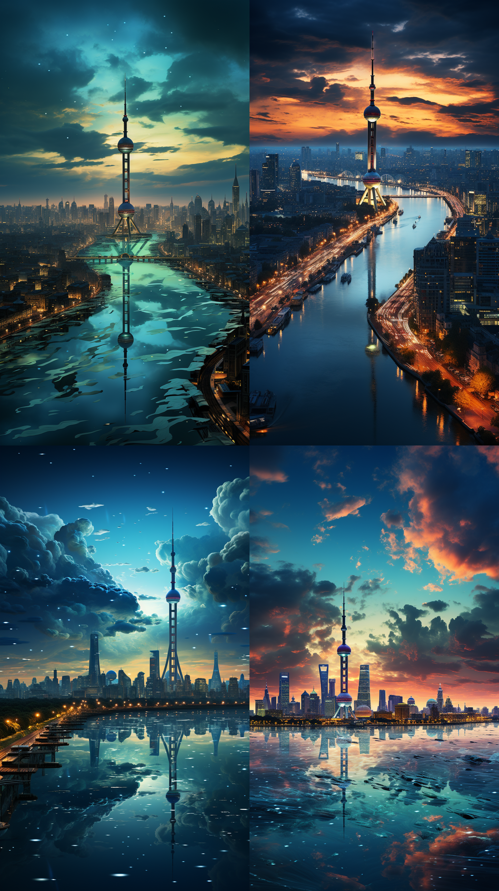 绿色天津，夜晚的城市灯光璀璨，蓝色的天空中点缀着星星，宽阔的河道上波光粼粼，一座现代化建筑巍峨耸立，周围是繁忙的街道和车流。远处还有一座古老的建筑，彰显着天津的历史底蕴。夜景，长曝，城市风光，高楼大厦，星光点点，繁忙，现代与传统。