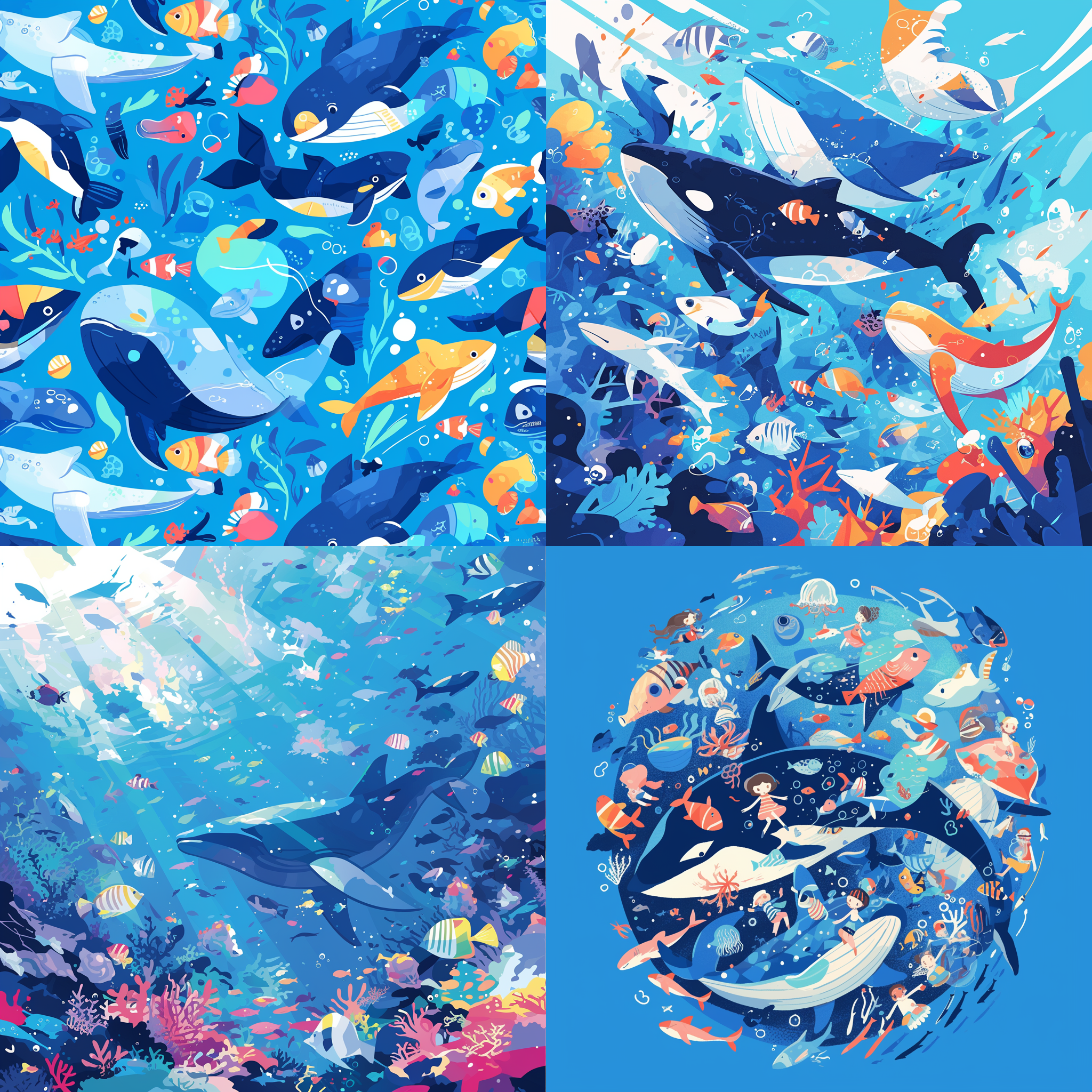 海洋世界，平面纹样，细节清晰，背景丰富