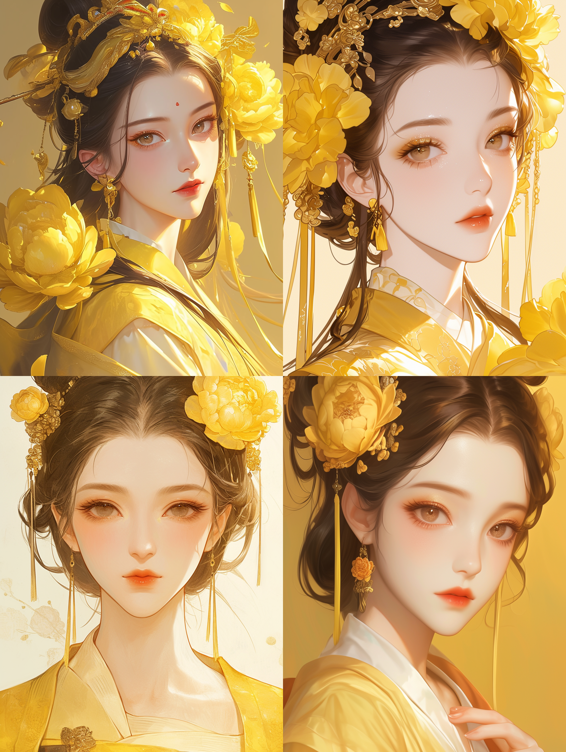 古代中国美女，纯净面庞，闪亮大眼睛，头戴黄色牡丹花，椭圆脸庞，唐朝风格，精美头饰，特写，简约肖像，简单线条，黄色和白色，8k，ud，高分辨率，中国工笔画风格，中国传统绘画风格，在扁平画风中