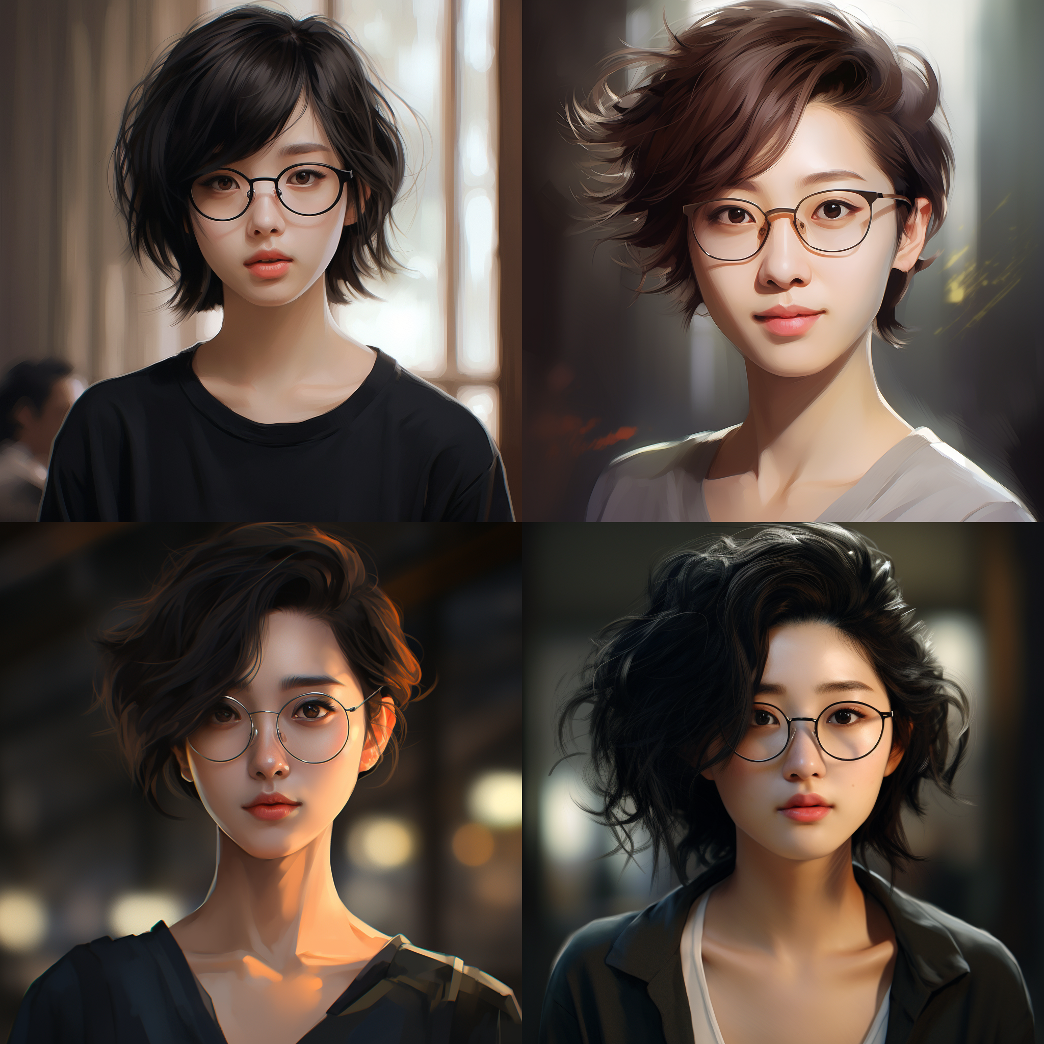 中国美女人像，戴眼镜，短发，可爱