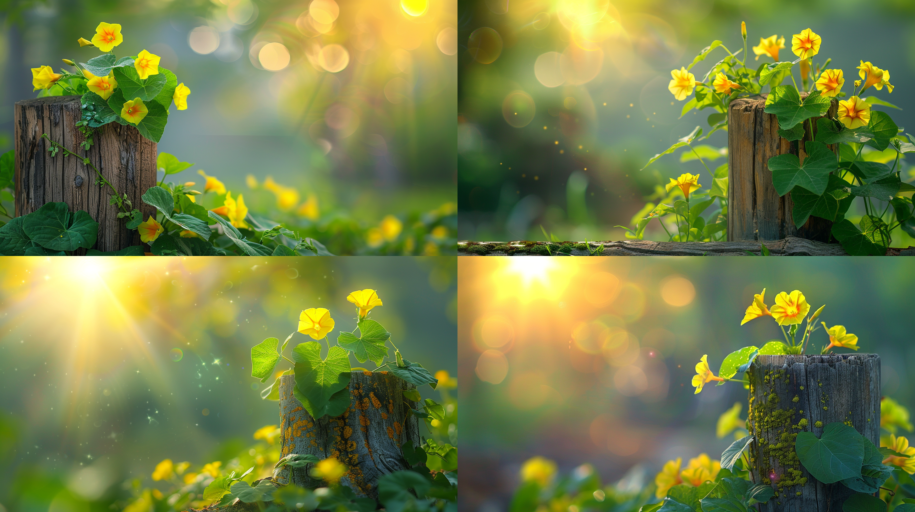 木桩的缝隙里，钻出来一株牵牛花，盛开着很多金黄色的花朵，清晰纹理，透视感，艺术风格，细节突出，明亮光线，无人物，静态。