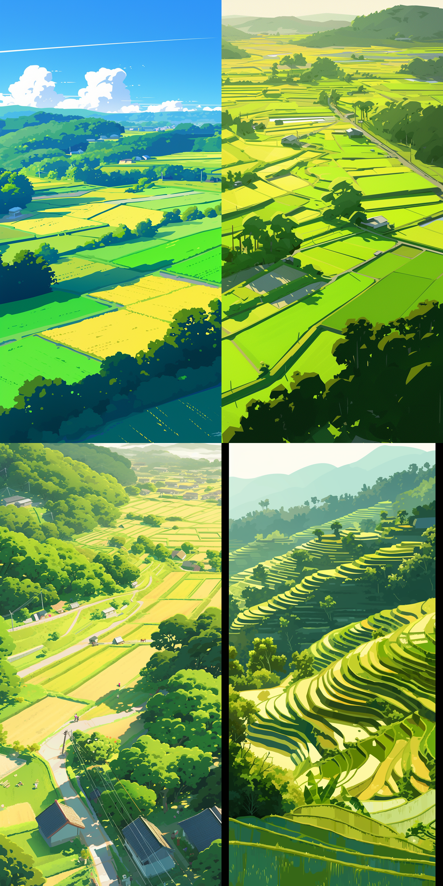 绿色，农耕，春天，水稻田，，明亮，高级灰，矢量插画风格，简约 动画艺术 二维插图 长焦拍摄