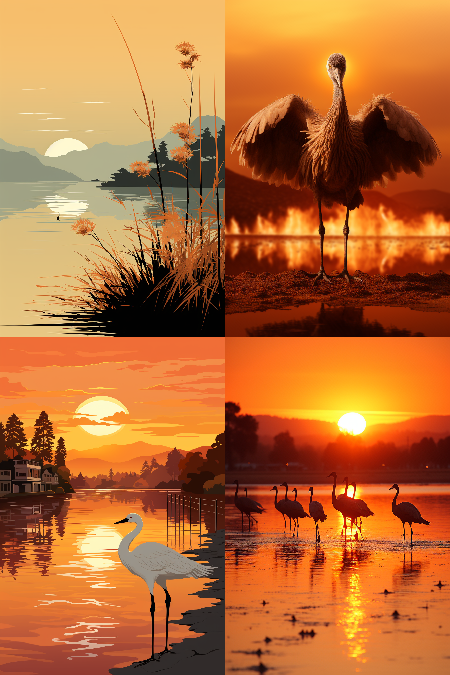 白色丹顶鹤飞翔湖面，波光闪烁，金碧辉煌，橘色落日，宋徽宗风格，极远景，长焦镜头，逆光，飞行，优雅，祥和。