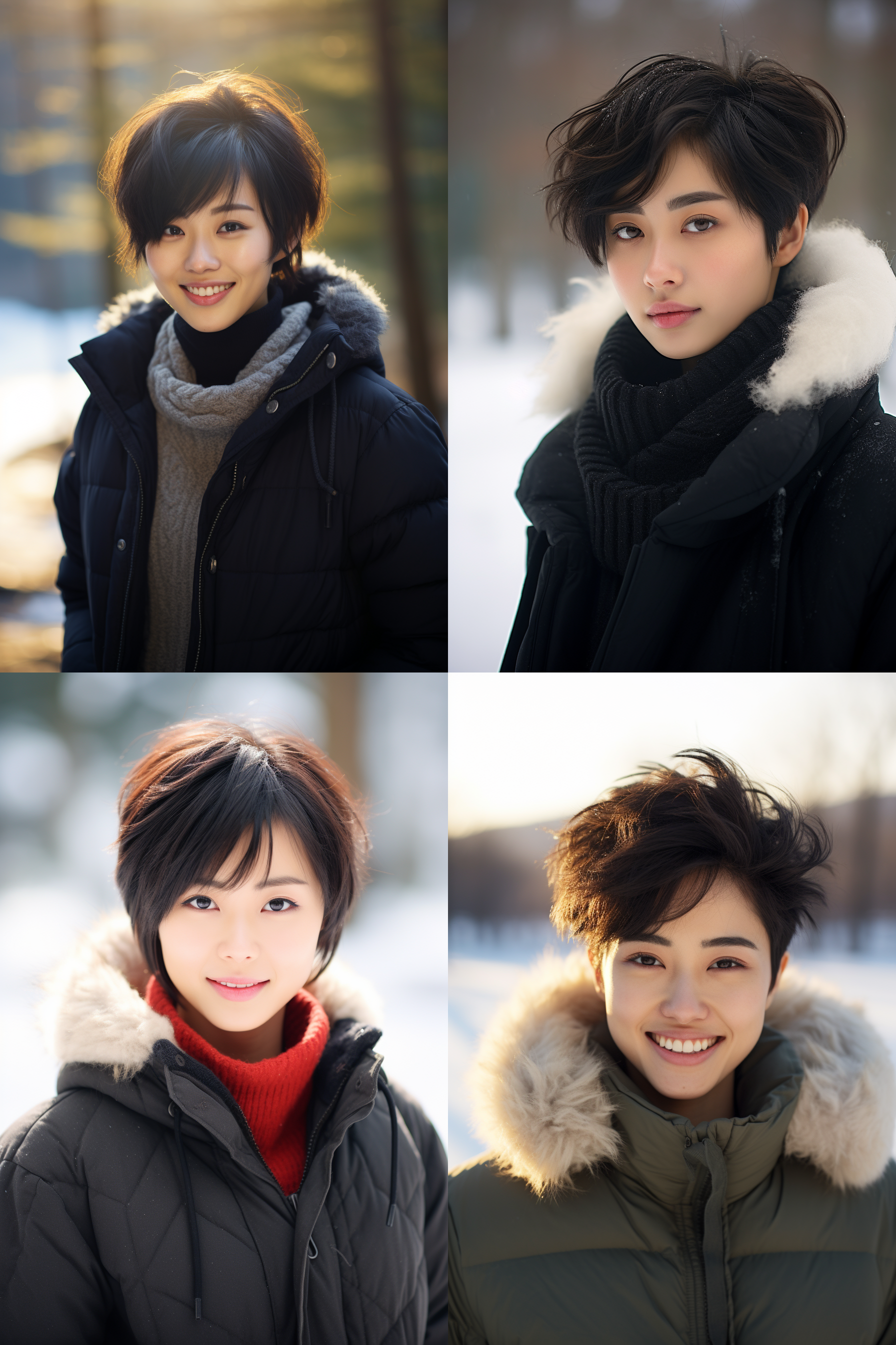 中国女孩短发人像，冬季户外，明亮环境，超高清摄影图 女孩短发，户外环境，超高清晰度，自然光，微笑，冬季景色，中焦距镜头，柔和色调，温暖情感。