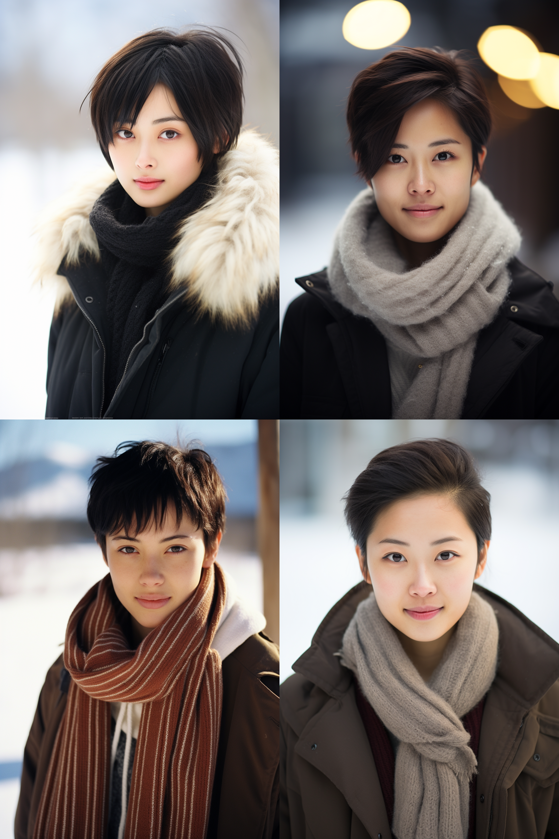 中国女孩短发人像，冬季户外，明亮环境，超高清摄影图 女孩微笑，大衣围巾，对称构图，雪地上，自然光，中焦距镜头，柔和色调，轻松愉悦。
