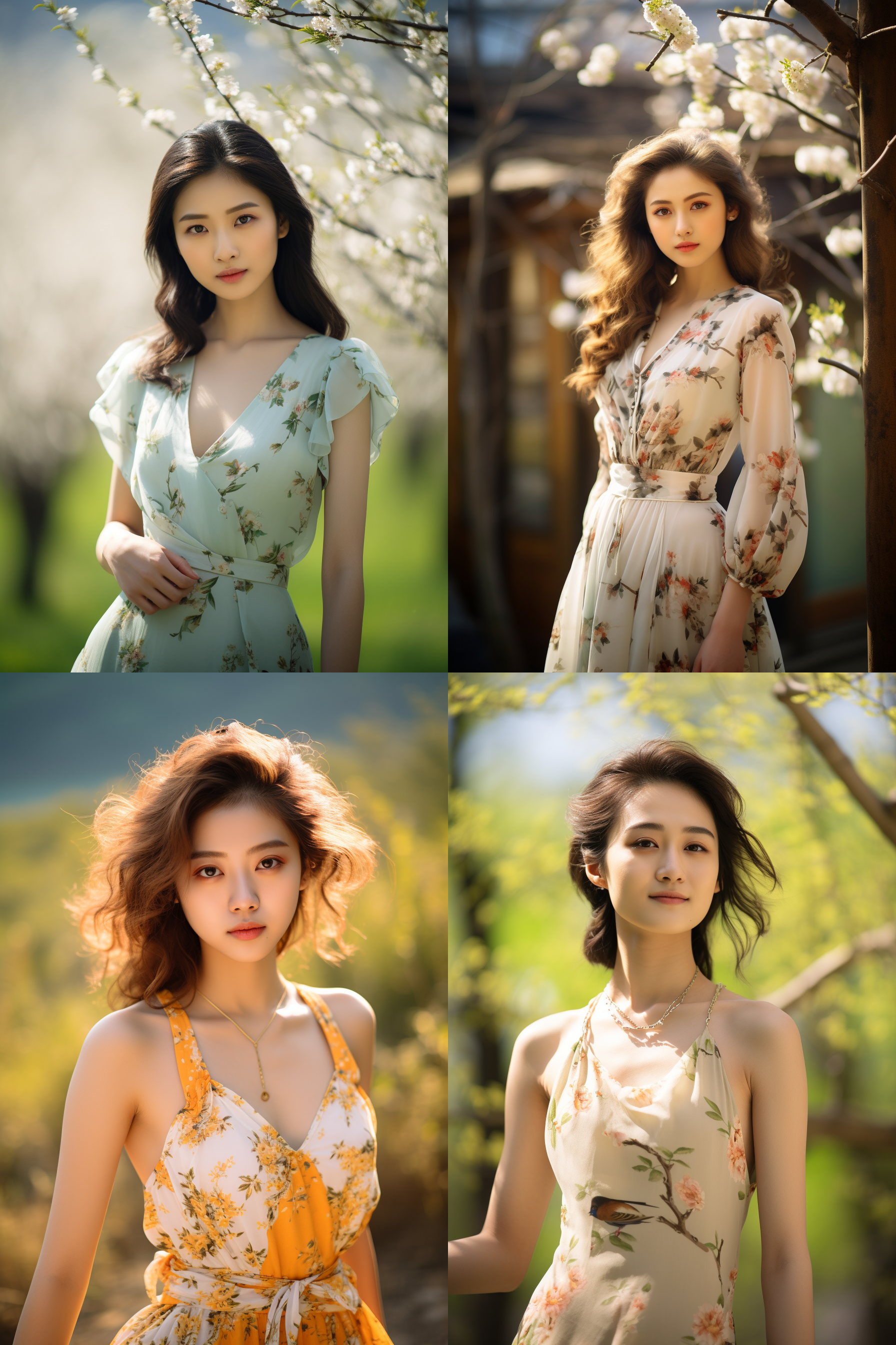 中国女孩，套裙服饰，春日摄影，明亮光线， 清新自然，户外风景，肖像模式，中焦镜头，自然姿态，