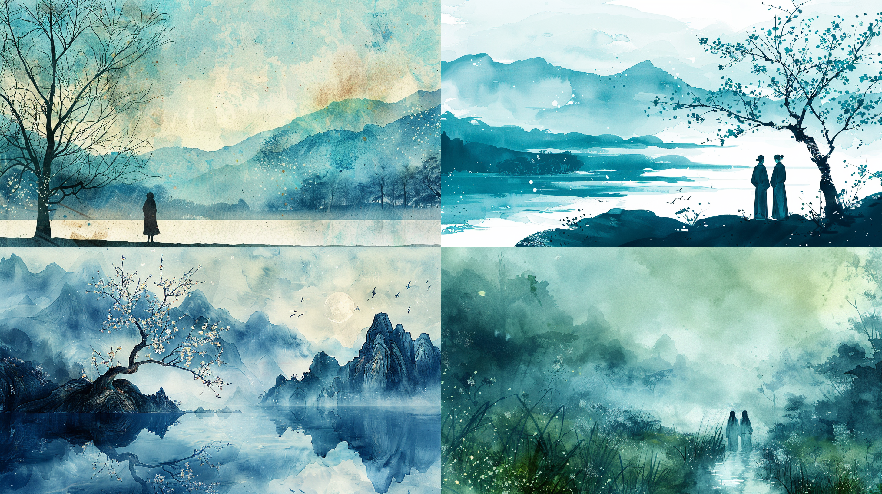 chinese chic , watercolor , early spring , art of asian landscapes by faiv , in the style of sky - blue and green , whimsical , childlike figures , wallpaper , serene solitude , ink painting , ultrafine detail , holotone printing