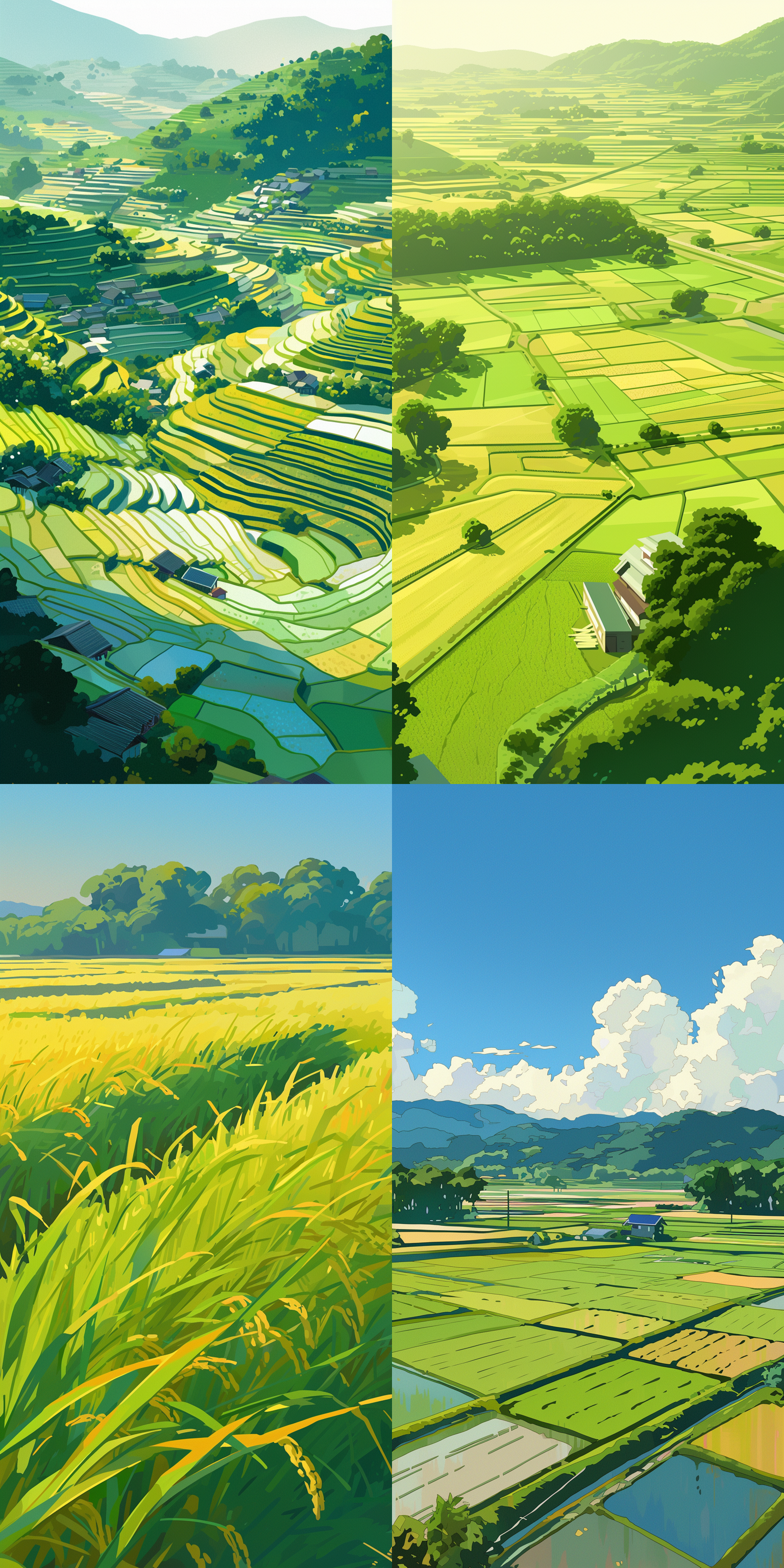 绿色，农耕，春天，水稻田，，明亮，高级灰，矢量插画风格，简约 动画艺术 二维插图 长焦拍摄