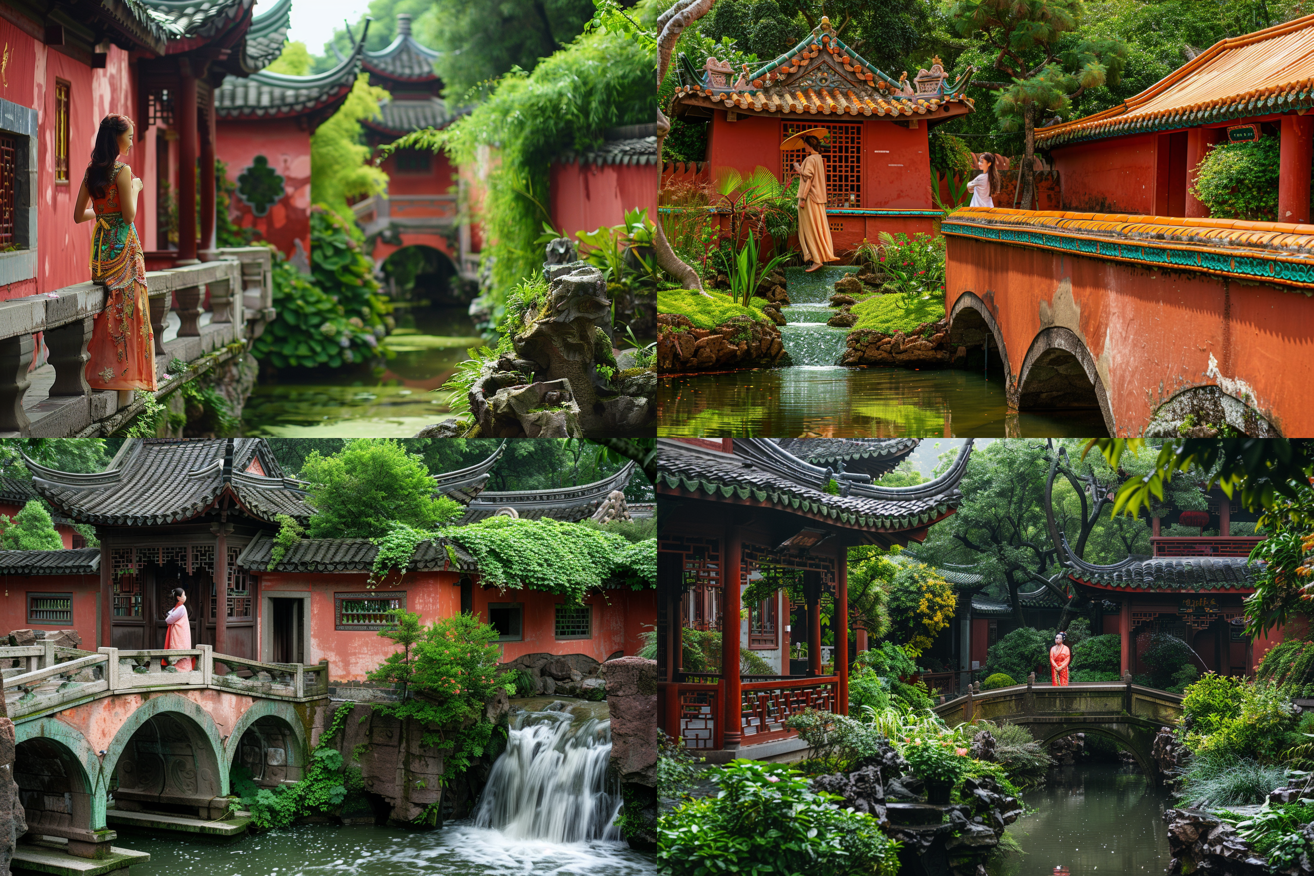传统园林，小桥流水，红墙绿瓦。古色古香的建筑，琉璃瓦覆盖的屋顶，茂密的绿树和花草。站在小桥上的女子身穿传统服饰，微笑着欣赏美景。中国园林建筑，传统服饰，微笑，古色古香，清澈的流水，自然光线，风景。
