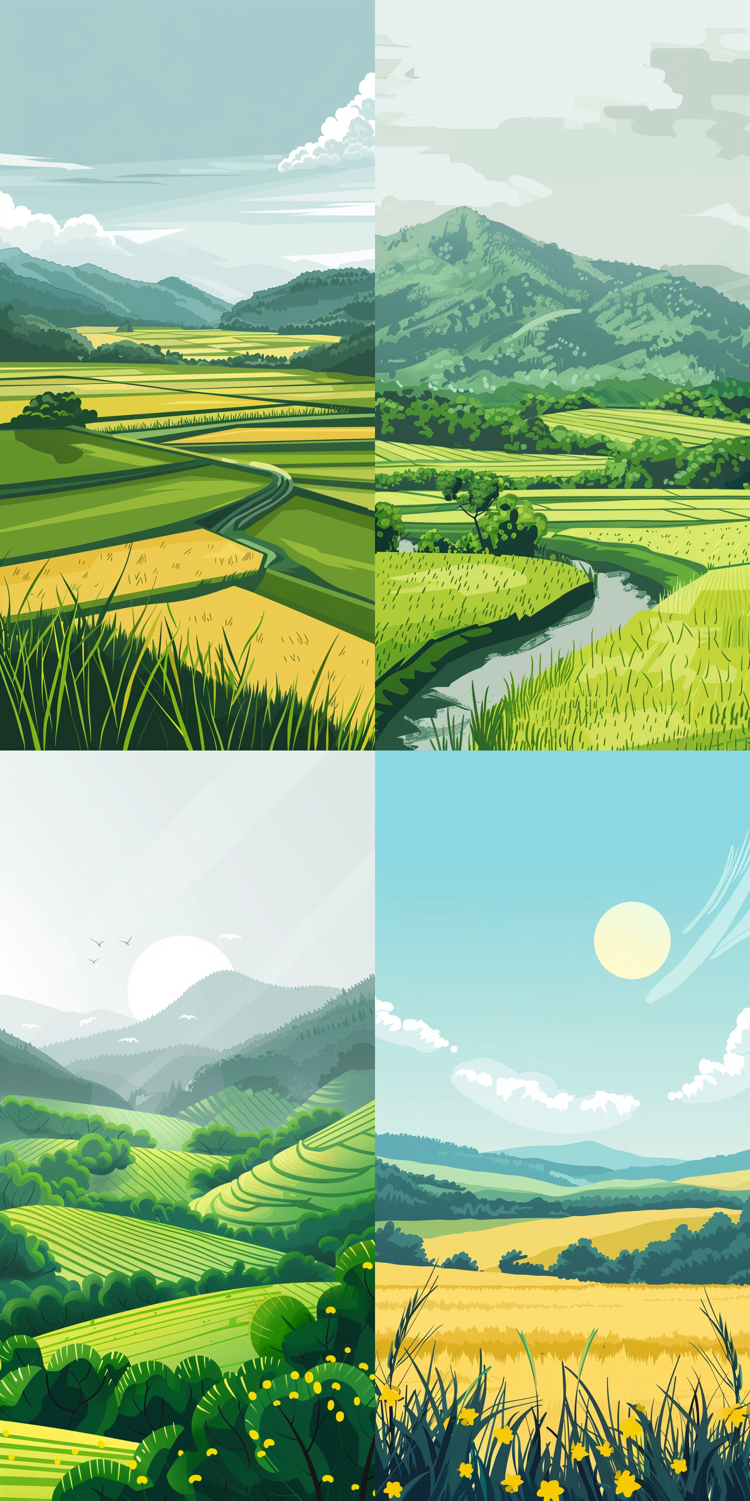 农耕，春天，平原，水田，明亮，高级灰，矢量插画风格，矢量图，平面设计，水田，简约，清新，高饱和，色块 二维插图 长焦拍摄
