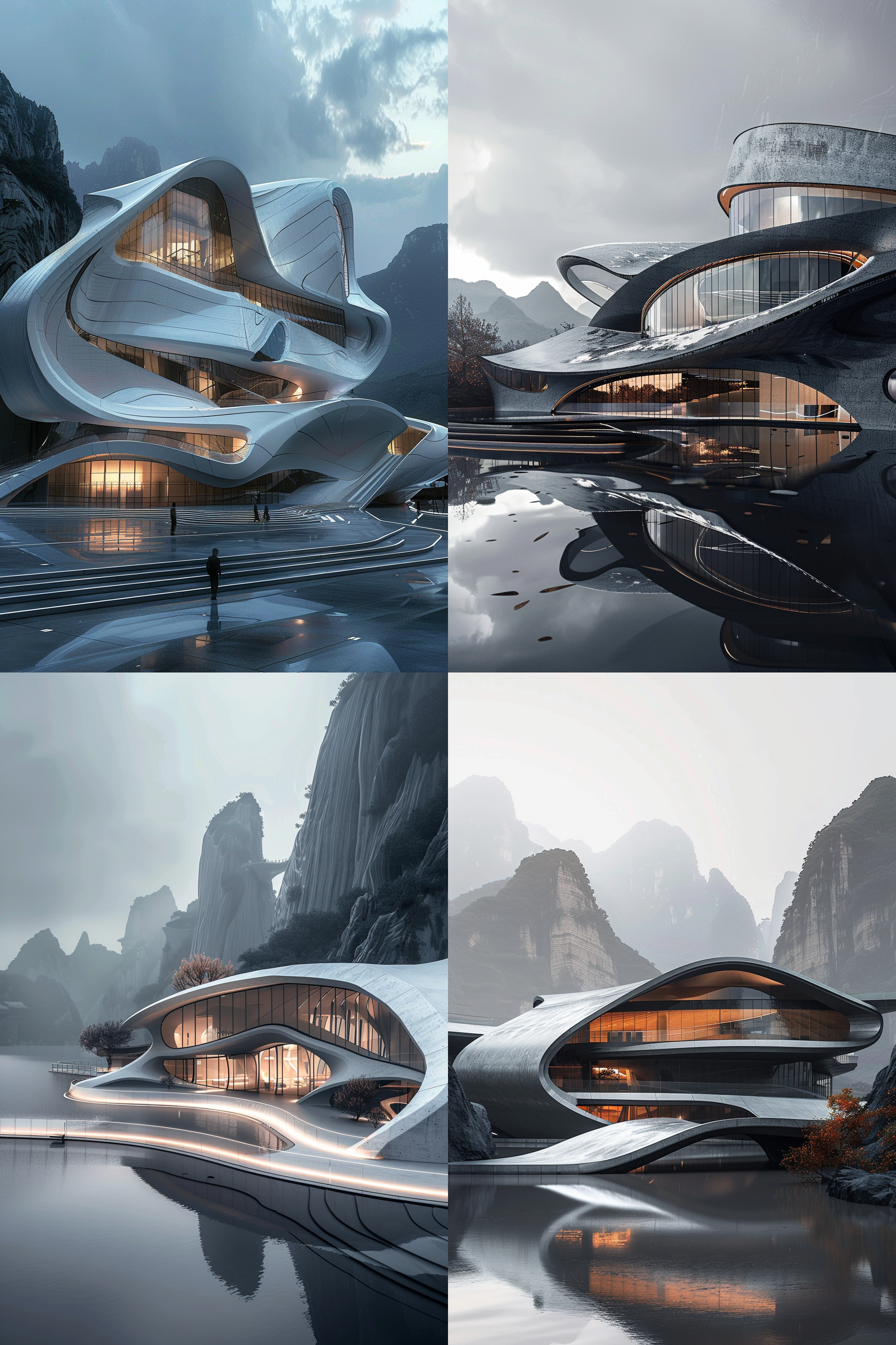 the architecture of the chinese museum of music and performing arts, in the style of futuristic digital art, melting pots, seapunk, realistic detailing, photorealistic, mountainous vistas, light gray and black, colorful moebius
