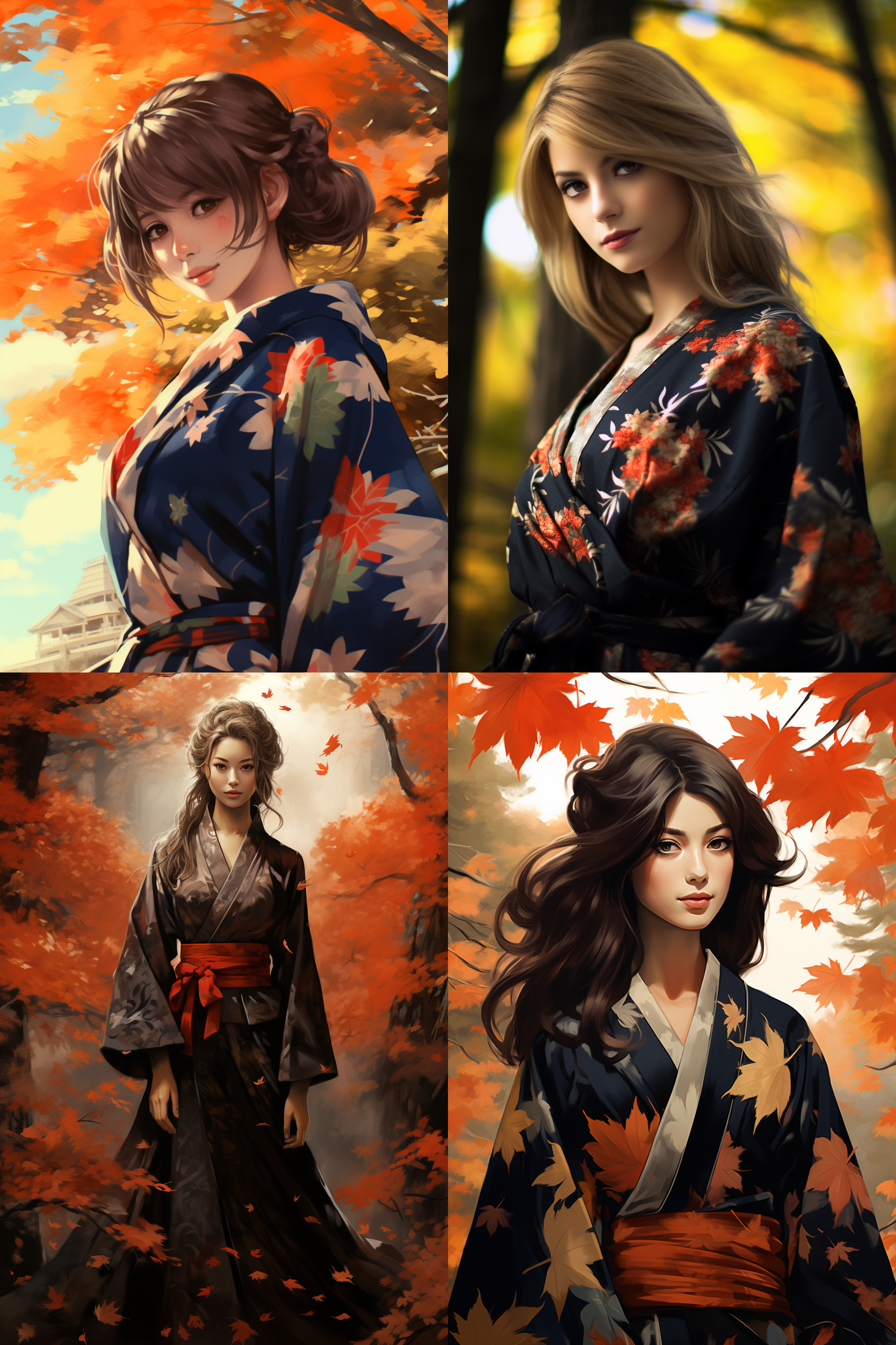 和服女孩，枫林背景