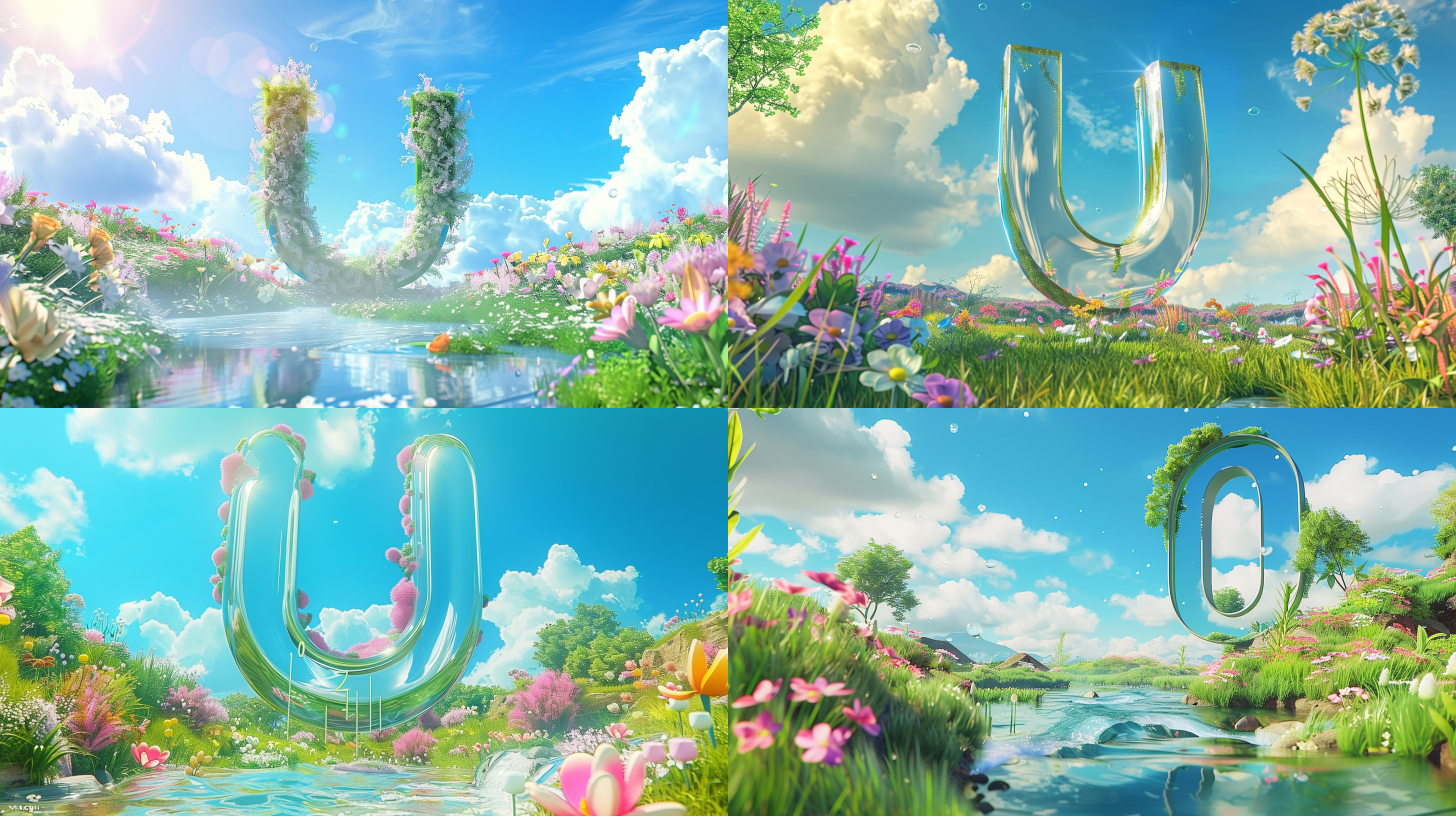 3d文字“u”悬浮，大数字，圆形背景，梦幻色调，蓝天白云，翠绿草地，流淌河流，五彩花朵，卡通风格，明亮可爱色彩，柔和光线，快乐氛围，玻璃材质，特写，8k，明亮。