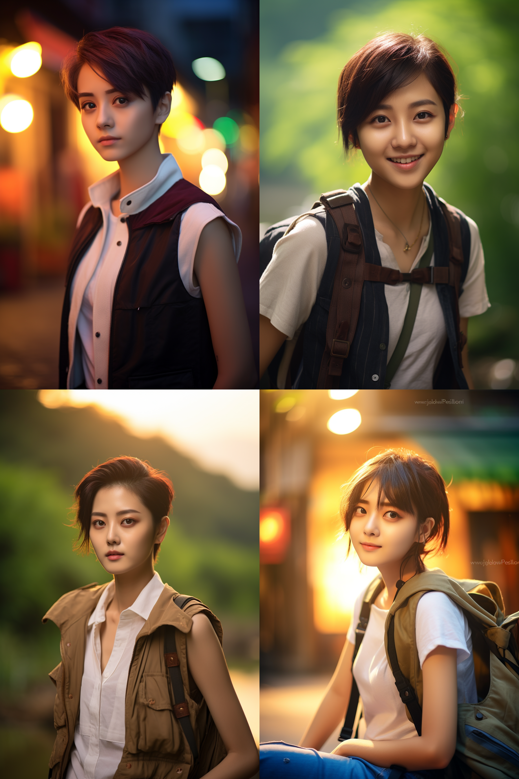 中国短发女孩，穿背心，明亮光线，摄影图 清新自然，户外风景，肖像模式，中焦镜头，微笑，自然姿态，色彩鲜艳，快门优先，放松自然